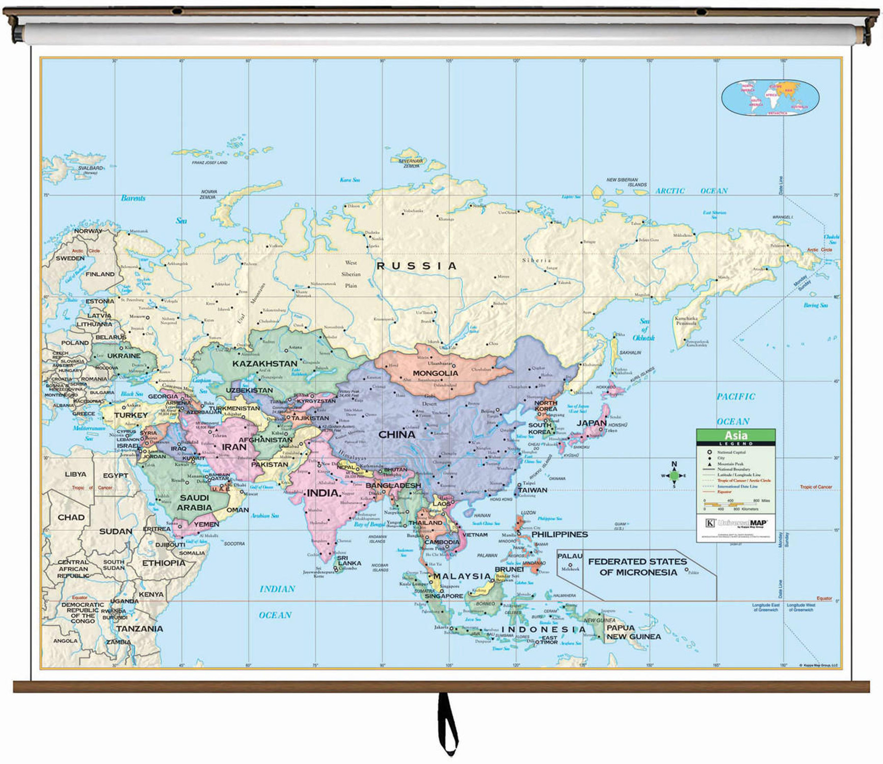 Primary Asia Political Map on Spring Roller from Kappa Maps, image 1, World Maps Online