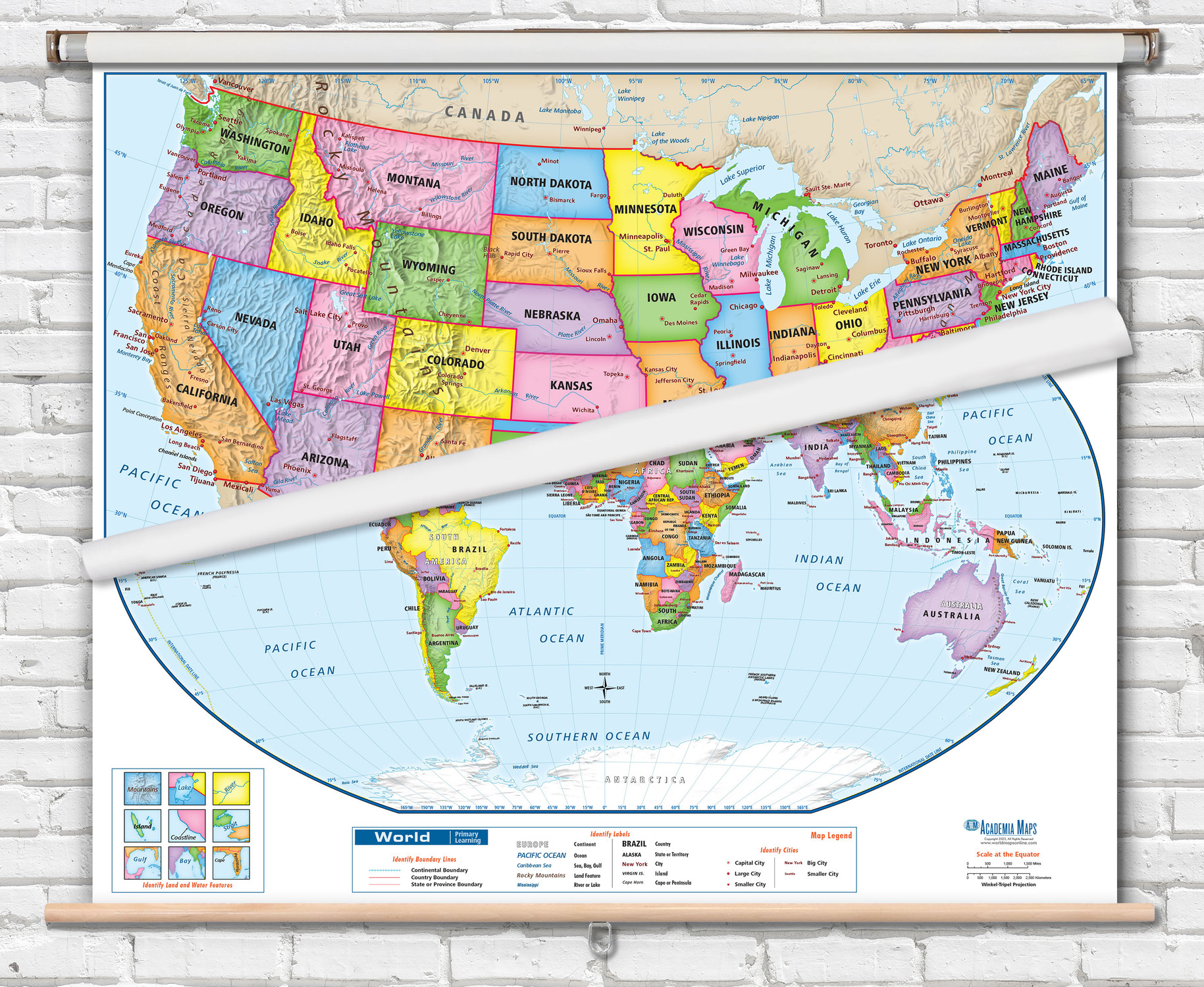 Primary Learning U.S. & World Spring Roller Pull-Down Map Set, World Maps Online