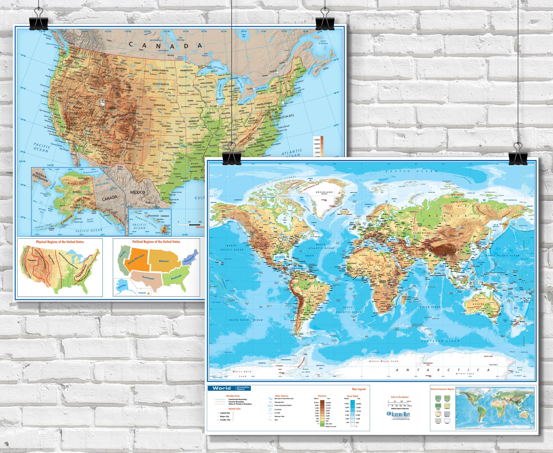 Intermediate U.S. & World Physical Classroom Wall Map Set