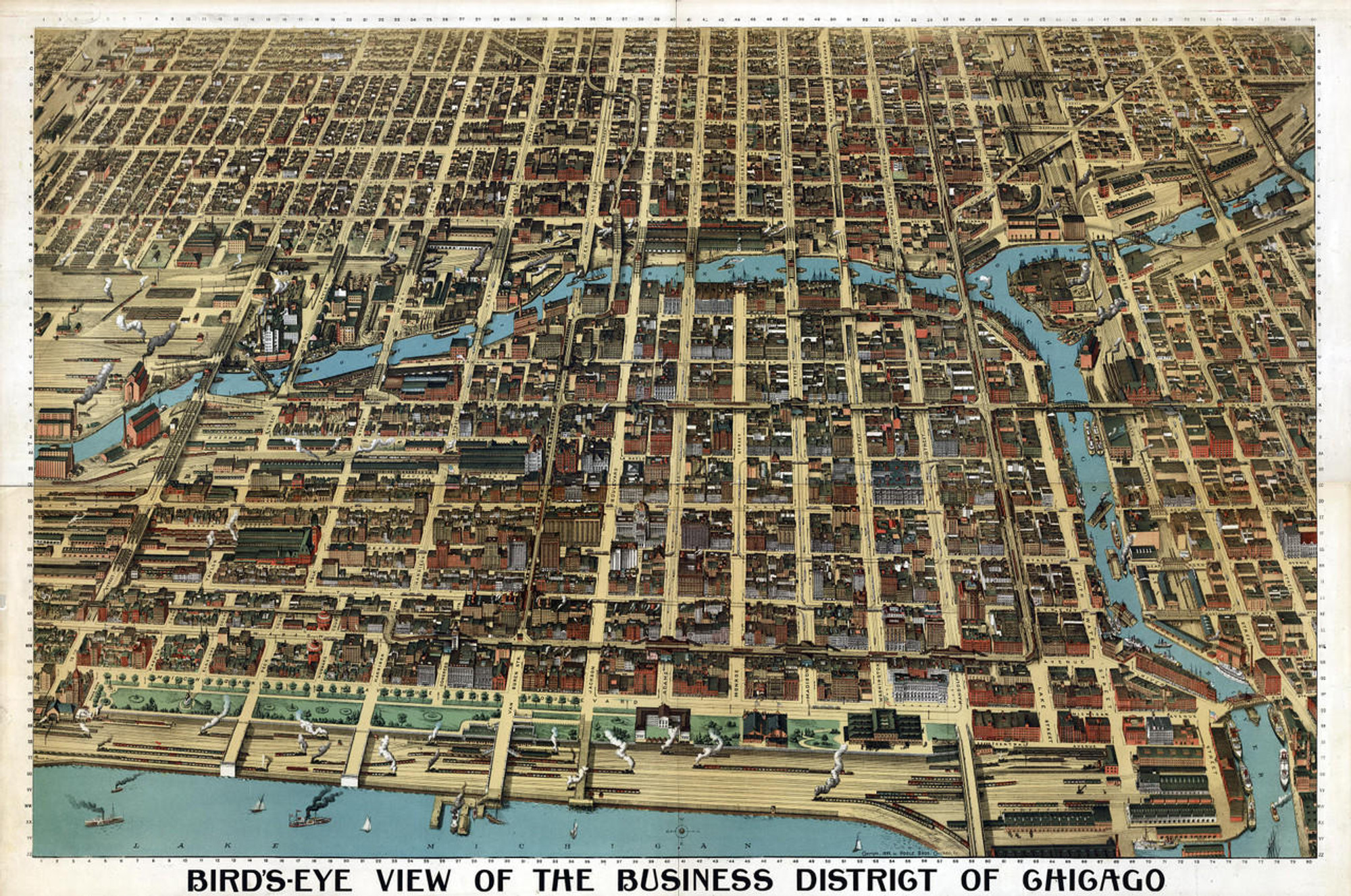 Chicago Business District Birds-eye View - 1898 Wall Map Mural, image 1, World Maps Online