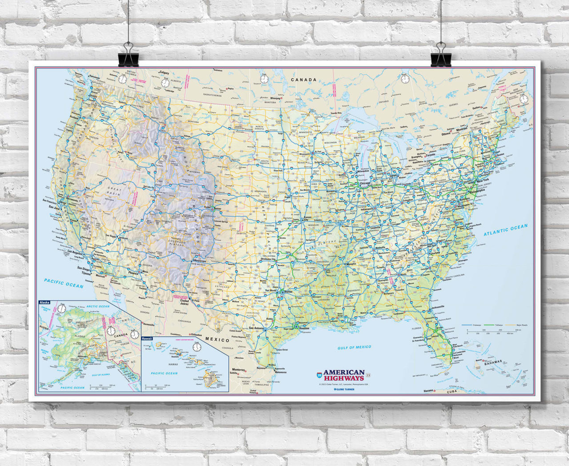 US Interstate Map - hanging on clips in front of white brick wall | World Maps Online