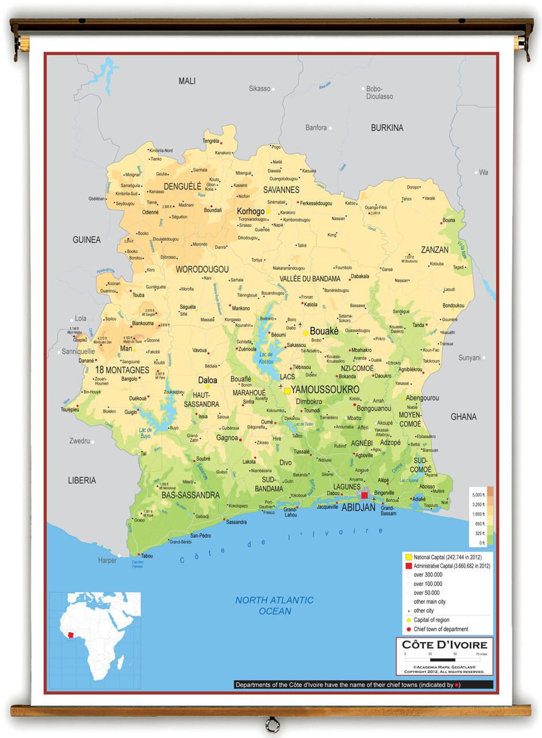 Cote DIvoire Physical Educational Map from Academia Maps, image 1, World Maps Online