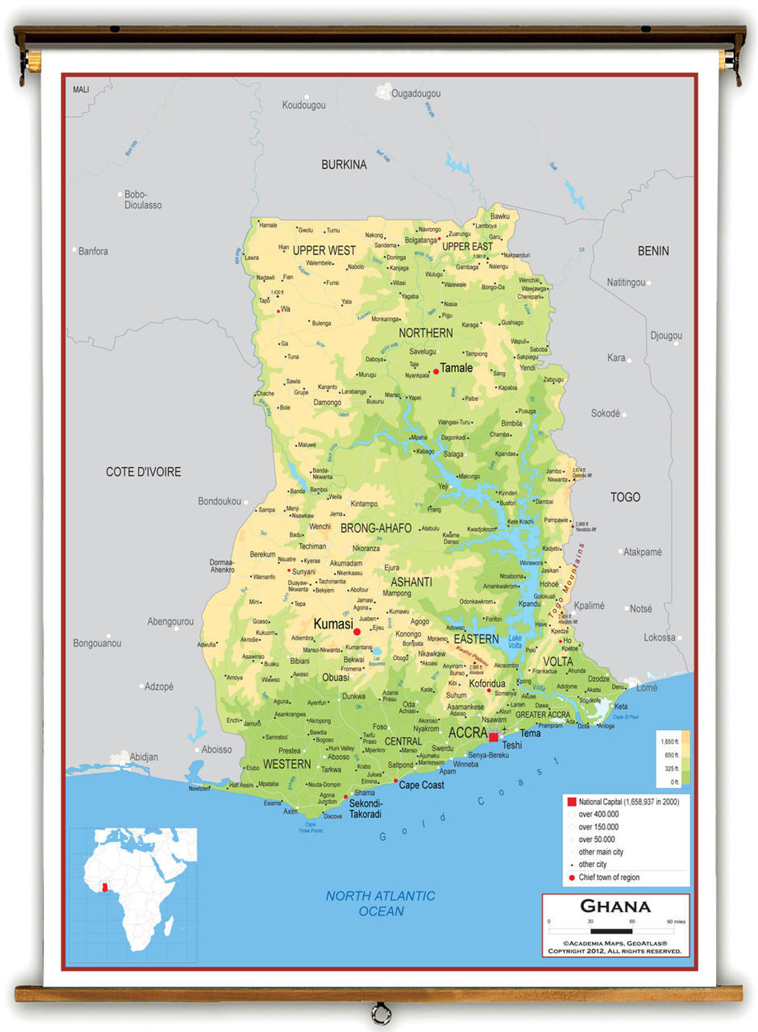 Ghana Physical Educational Map from Academia Maps, image 1, World Maps Online