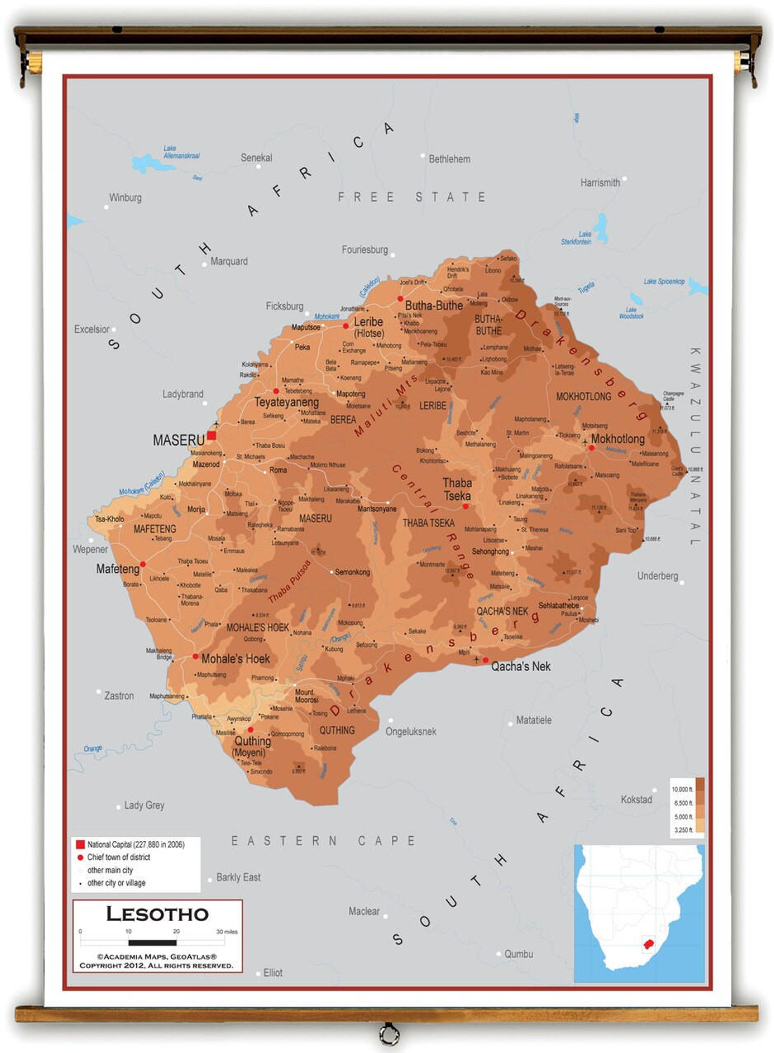 Lesotho Physical Educational Map from Academia Maps, image 1, World Maps Online