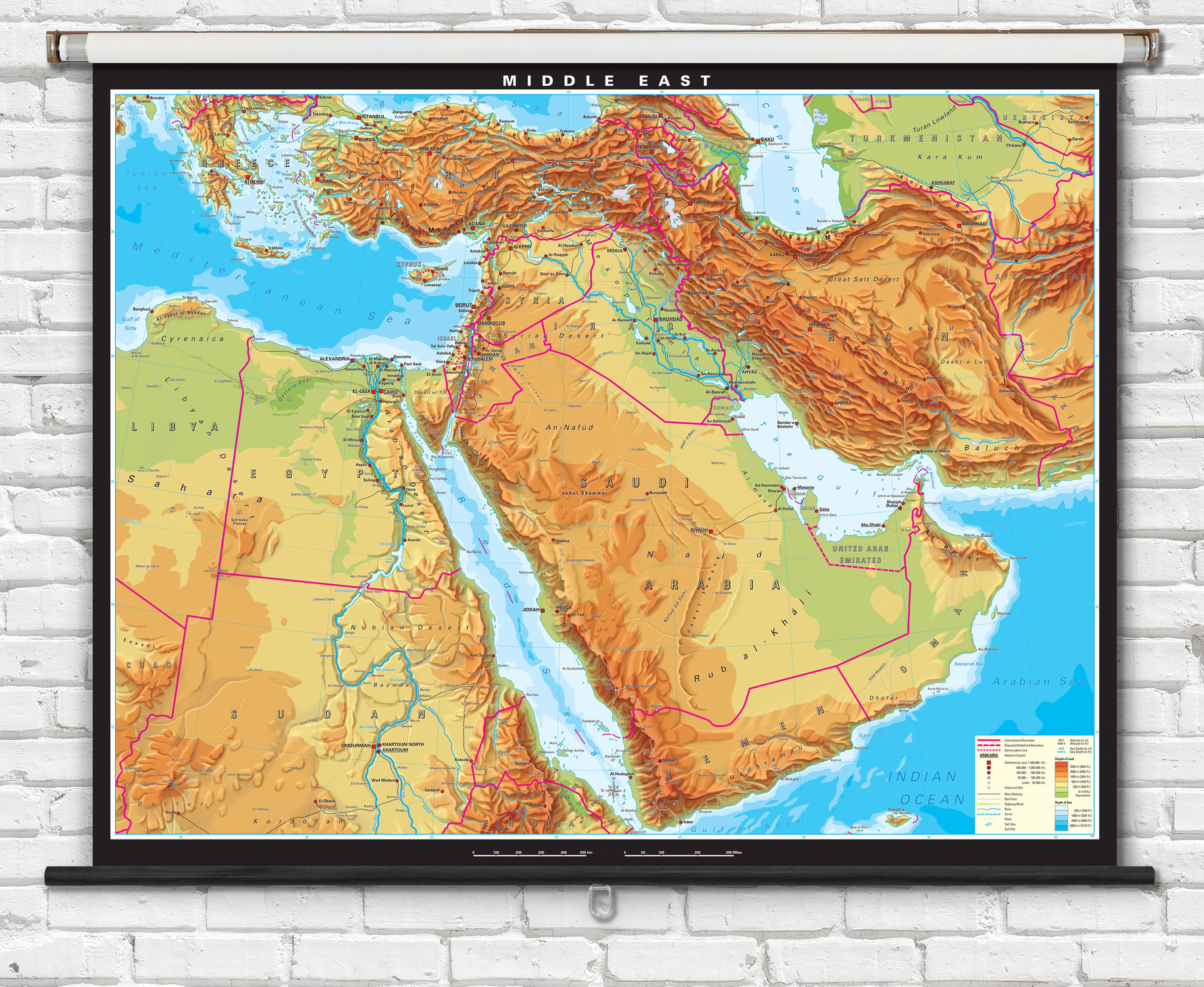Extra Large Middle East Physical Map on Spring Roller,  World Maps Online