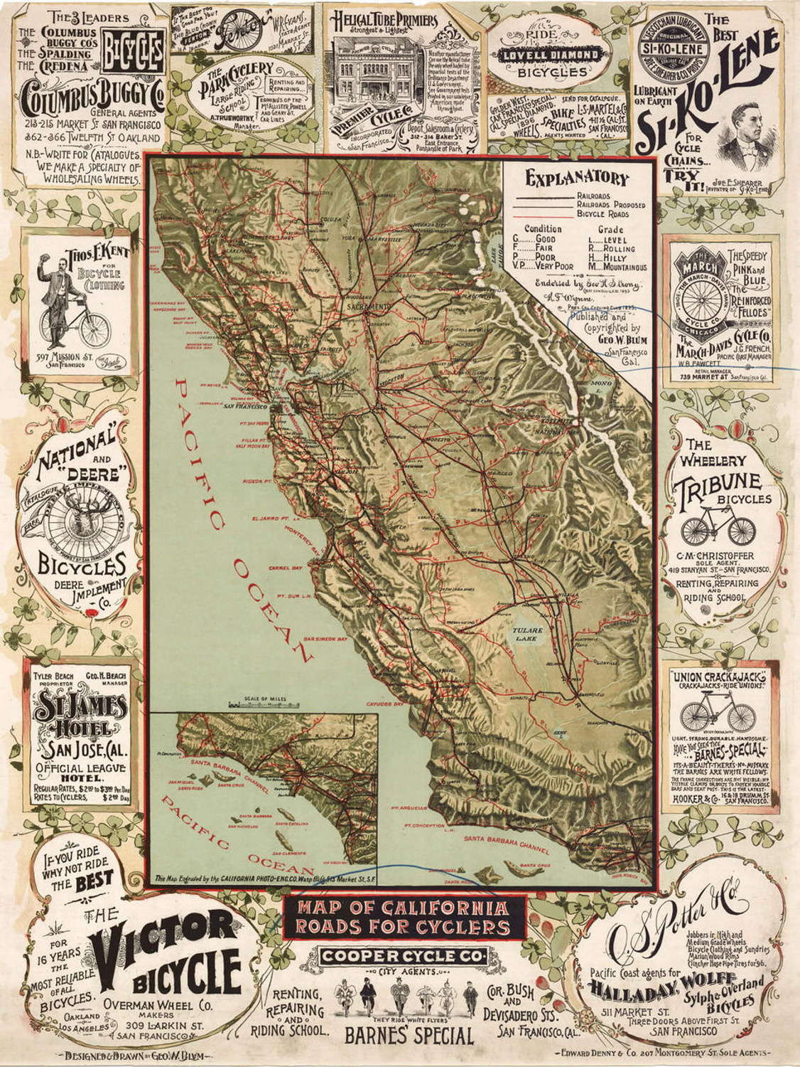 Historic Map - California State - Roads for Cyclers - 1895, image 1, World Maps Online