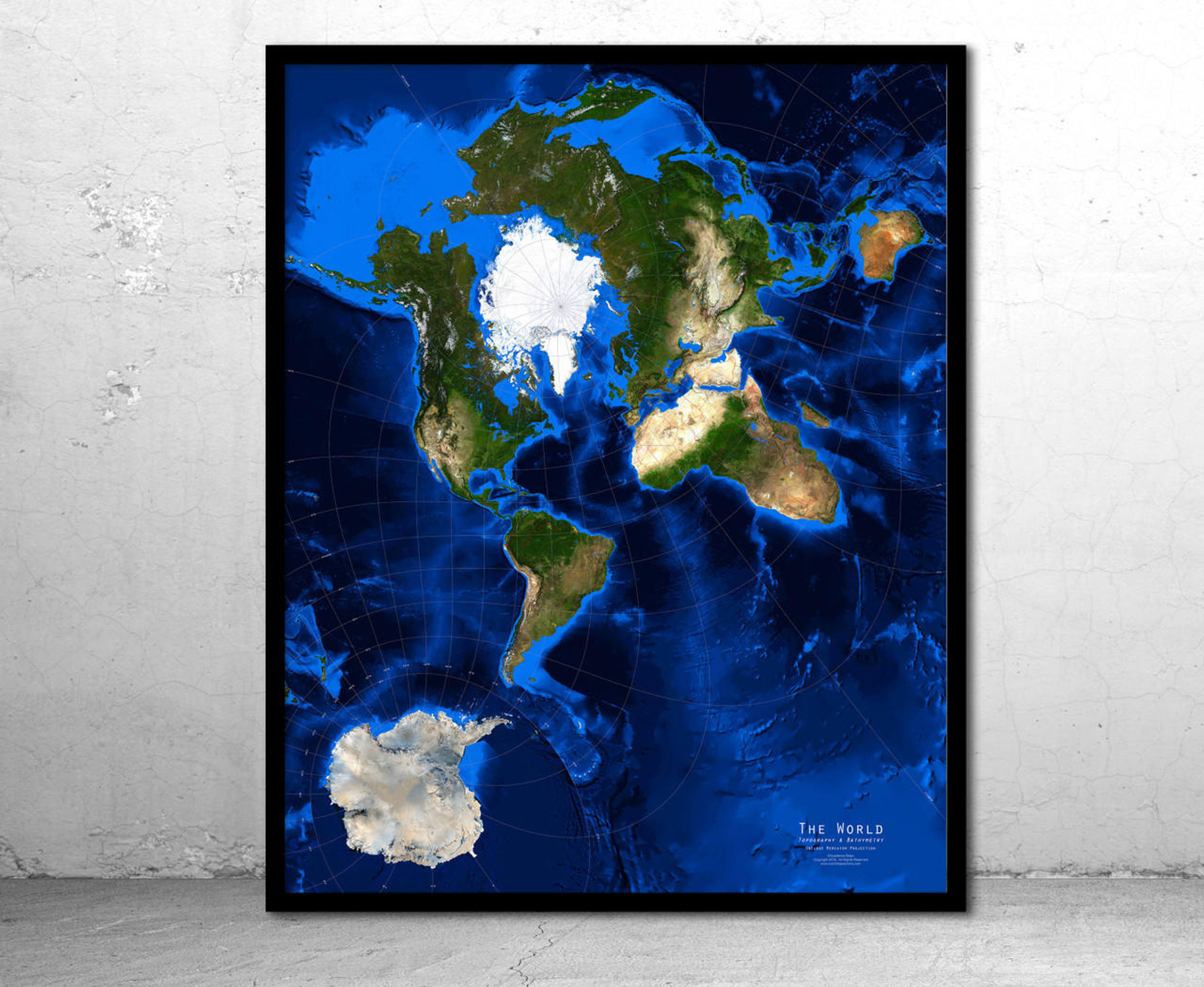 World Satellite Image Map - Topography & Bathymetry - Oblique Mercator Projection, image 1, World Maps Online
