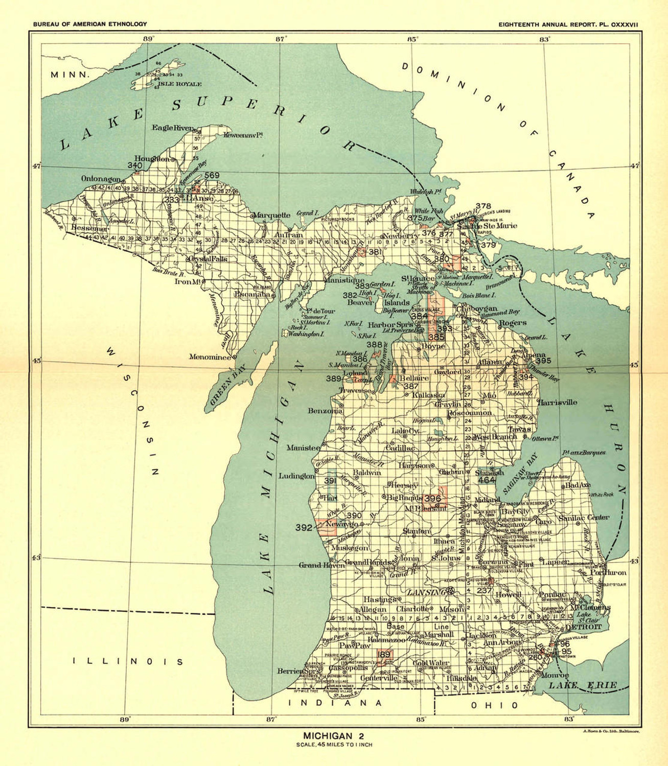  Historical Map of Michigan - Indian Lands - 1896 - J.W. Powell
