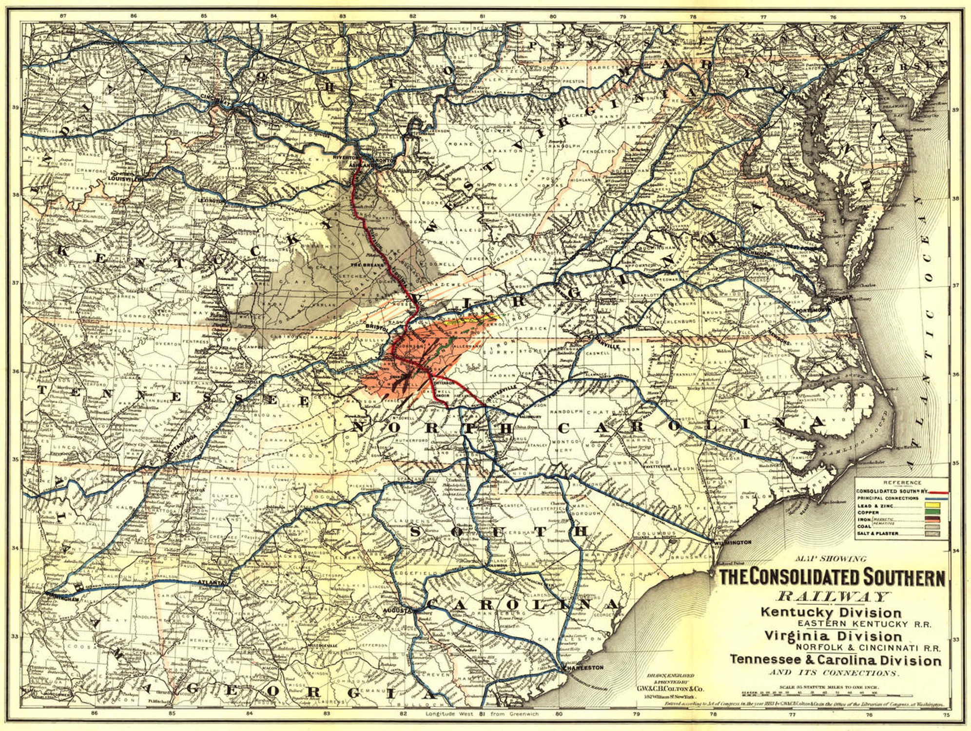 Historic Railroad Map of the Southern United States - 1883 - G.W. & C.B. Colton & Co., image 1, World Maps Online