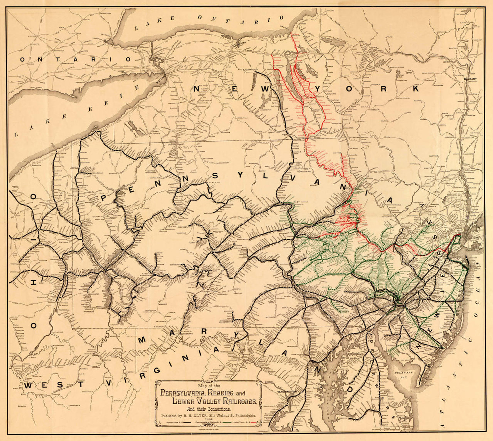 Historic Railroad Map of the Middle Atlantic States - 1884 - R.H. Alter, image 1, World Maps Online