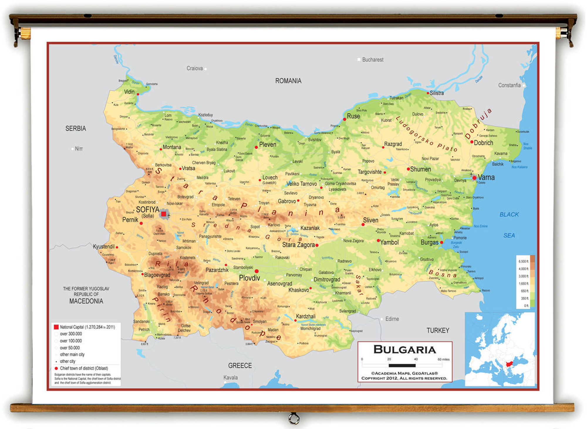 Bulgaria Physical Educational Map from Academia Maps, image 1, World Maps Online