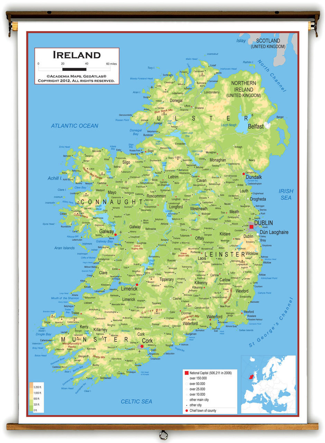 Ireland Physical Educational Map from Academia Maps, image 1, World Maps Online