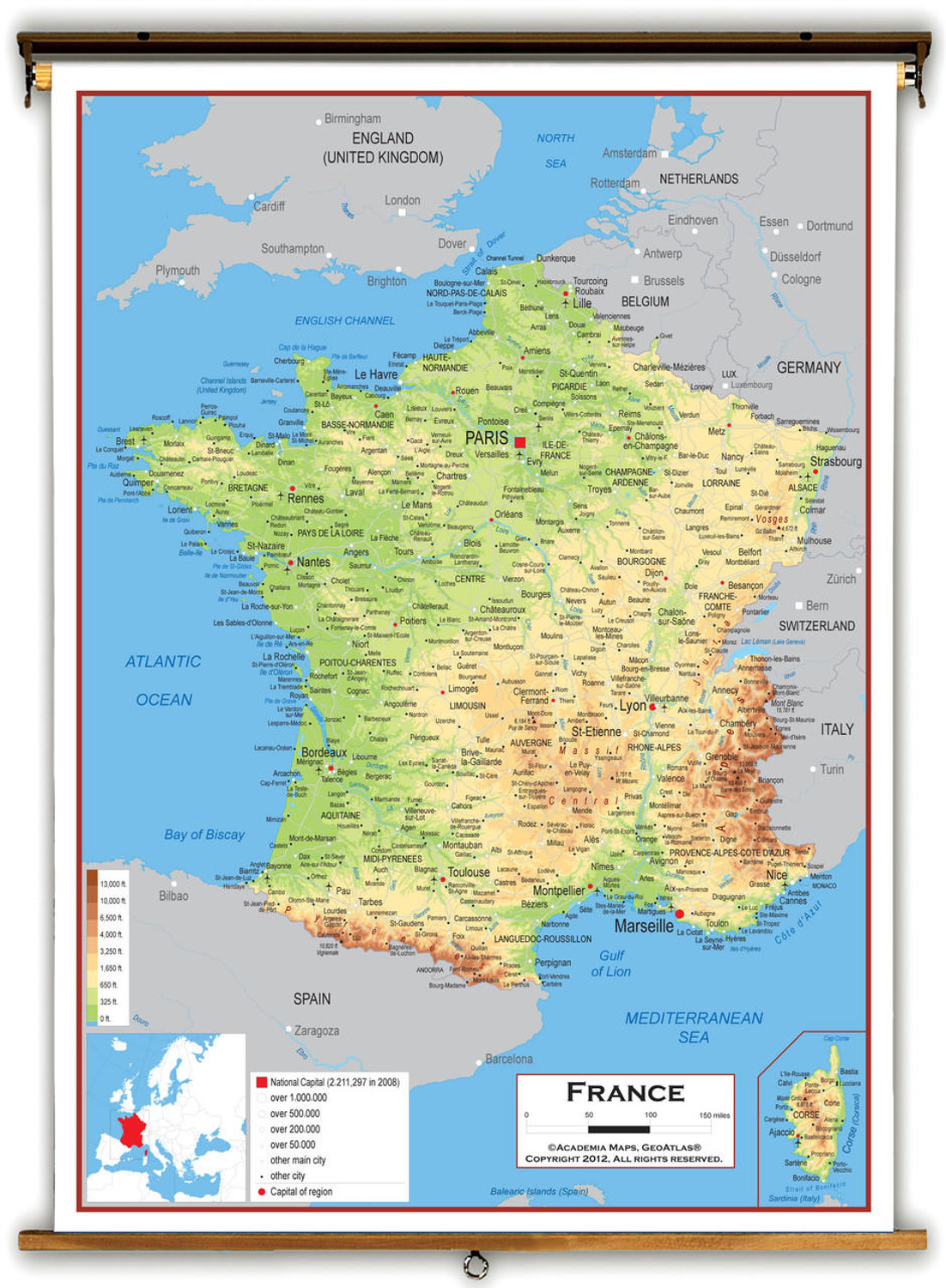 France Physical Educational Map from Academia Maps, image 1, World Maps Online