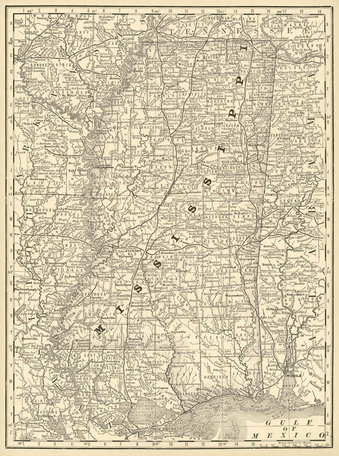  Historical Railroad Map of Mississippi - 1878