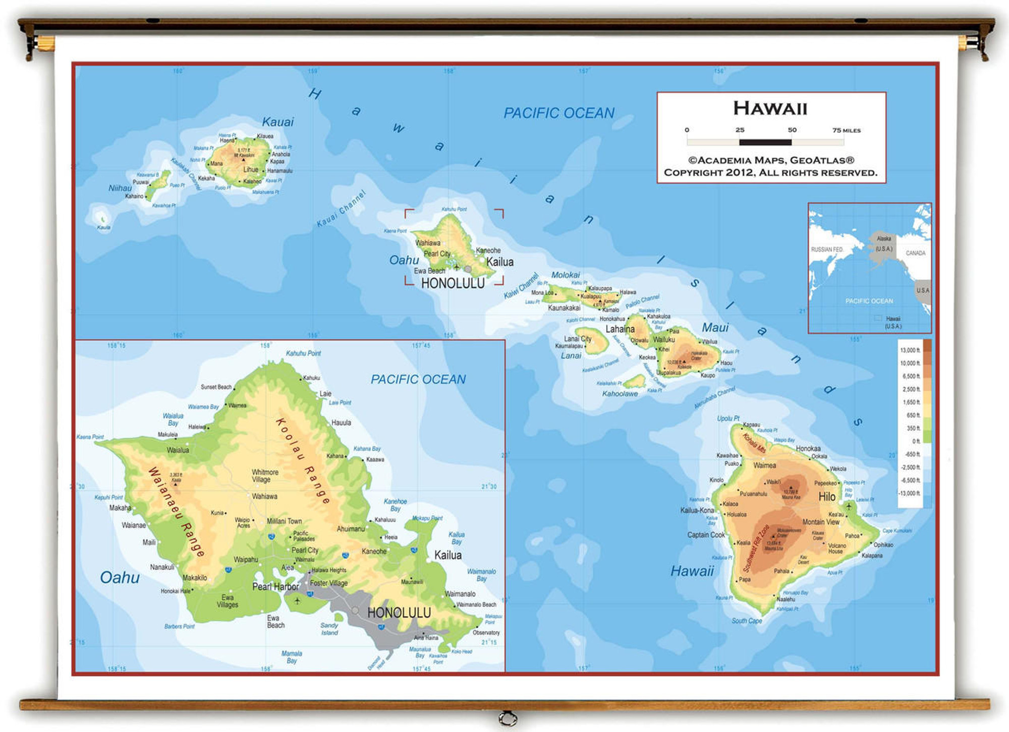 Hawaii Physical Pull-Down Map, image 1, World Maps Online