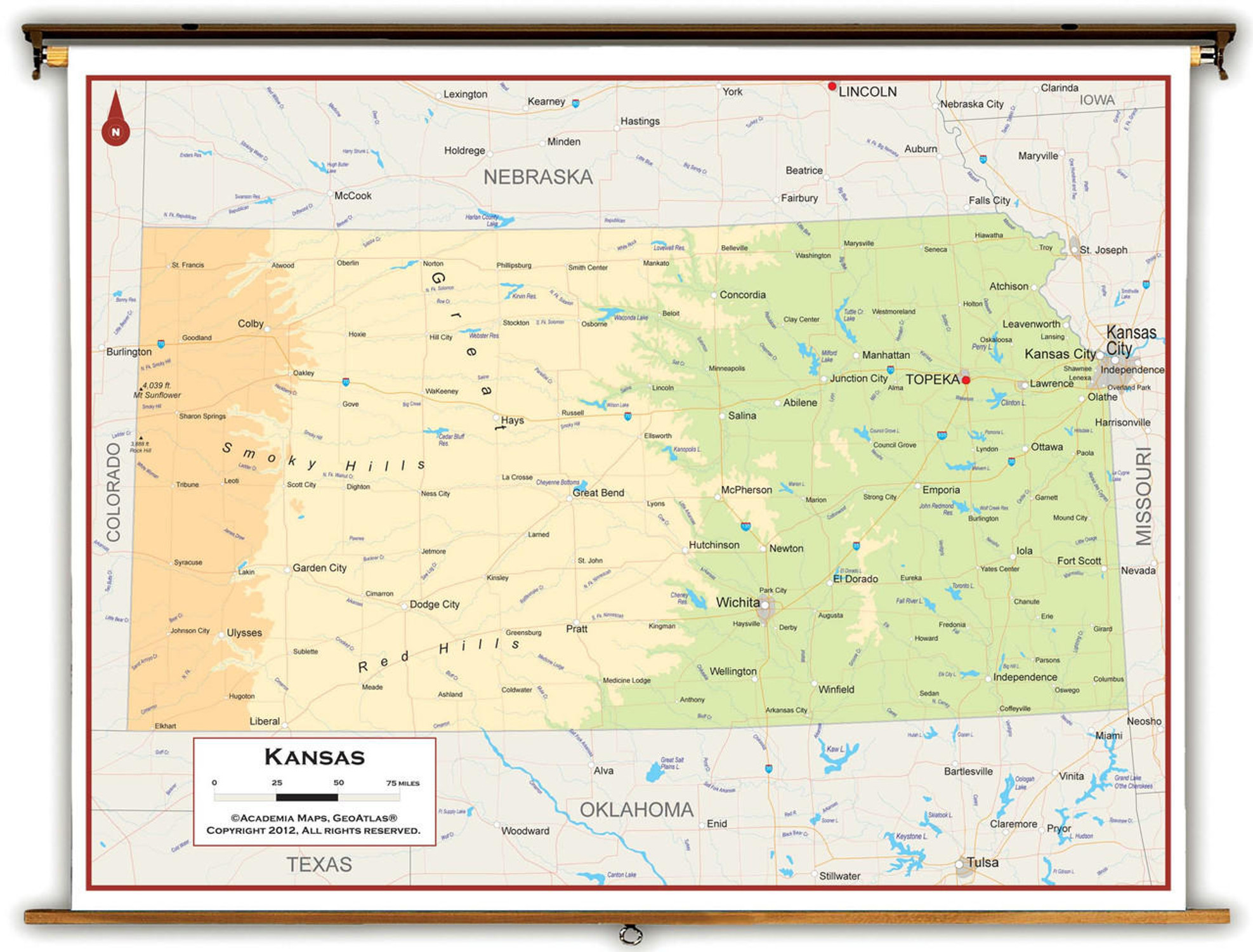 Kansas Physical Spring Roller Map, image 1, World Maps Online