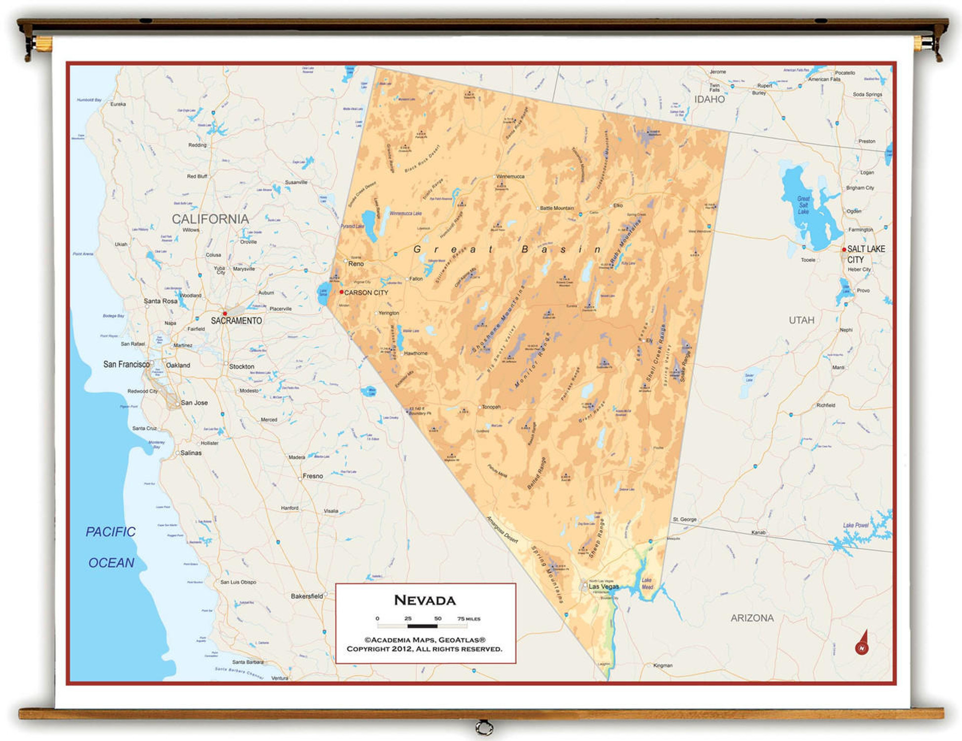 Nevada Physical Pull-Down Map, image 1, World Maps Online