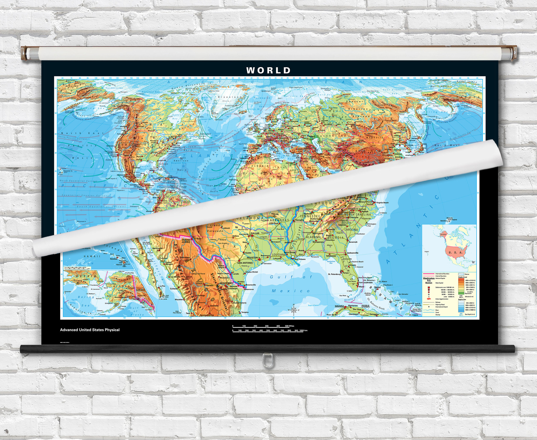 Advanced World and USA Compact Physical Classroom Spring Roller Combo Map Set