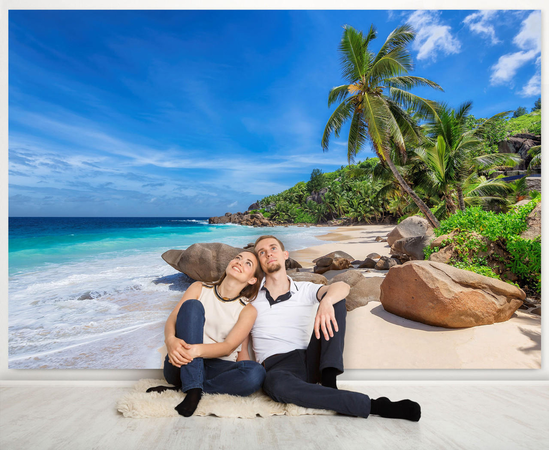 Tropical Beach w/ Coconut Palm Trees in Seychelles Wall Mural, image 1, World Maps Online