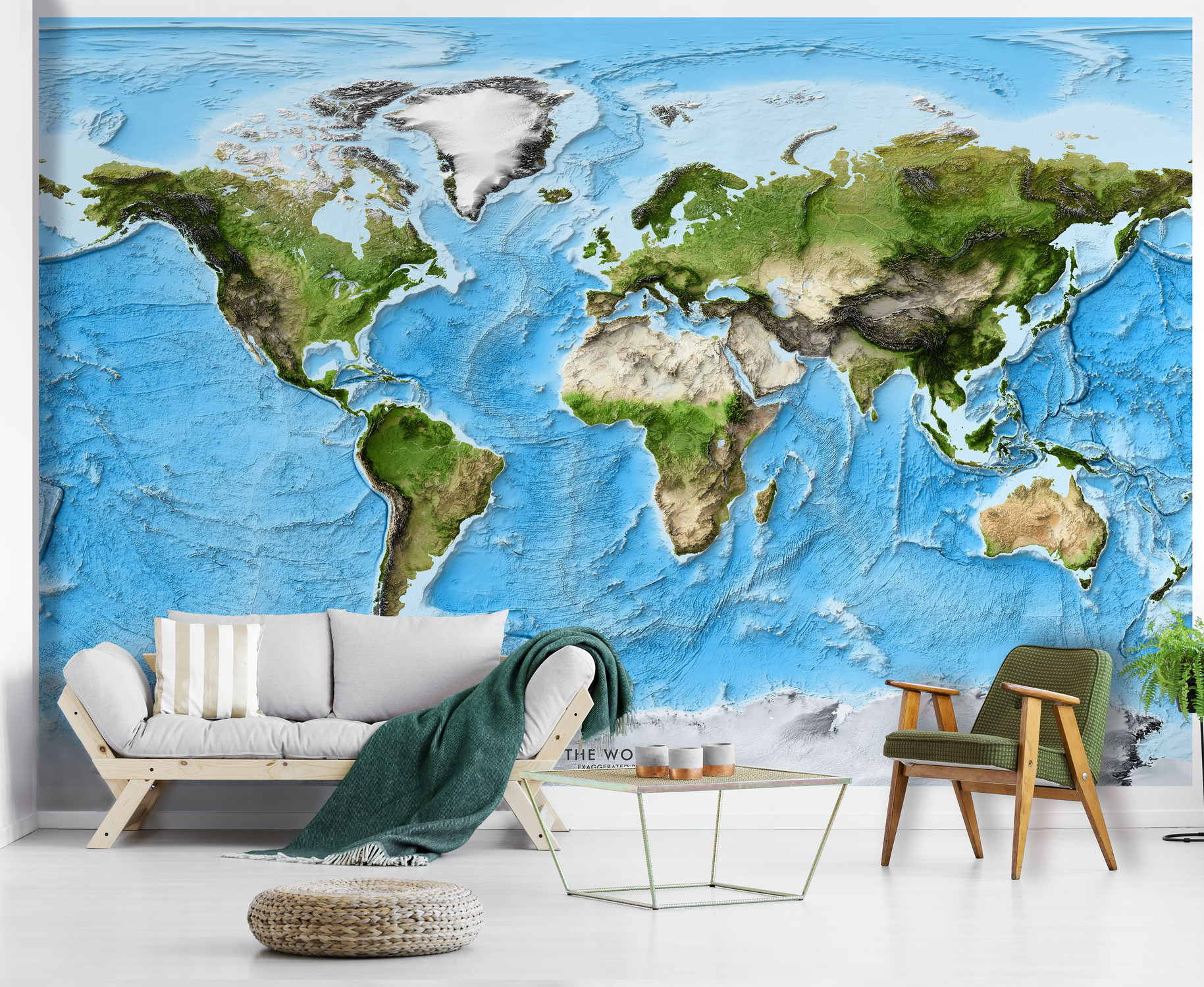 World Shaded Relief Enhanced Satellite Image Map Mural in Room