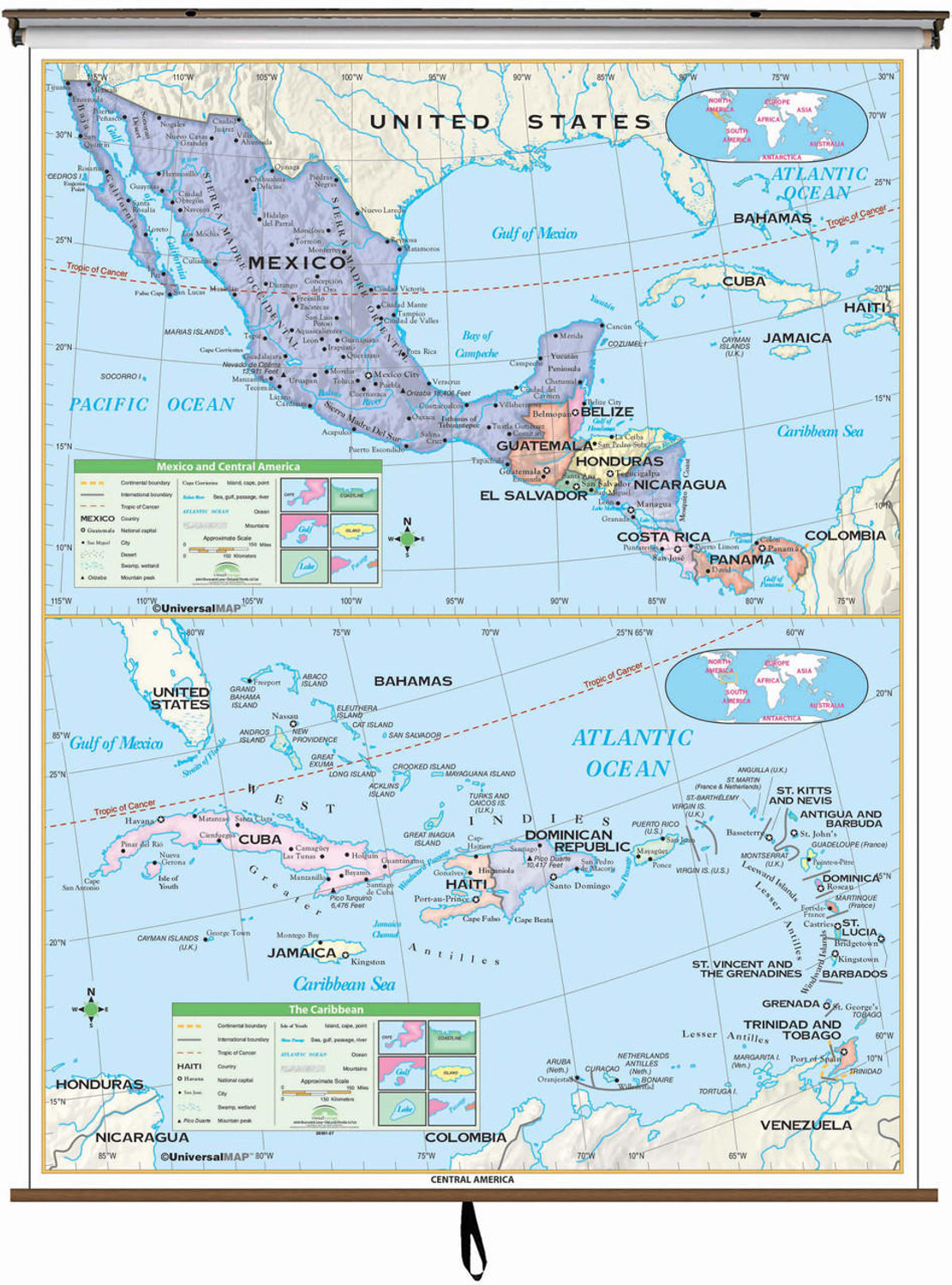 Essential Central America & Caribbean Map on Spring Roller, image 1, World Maps Online