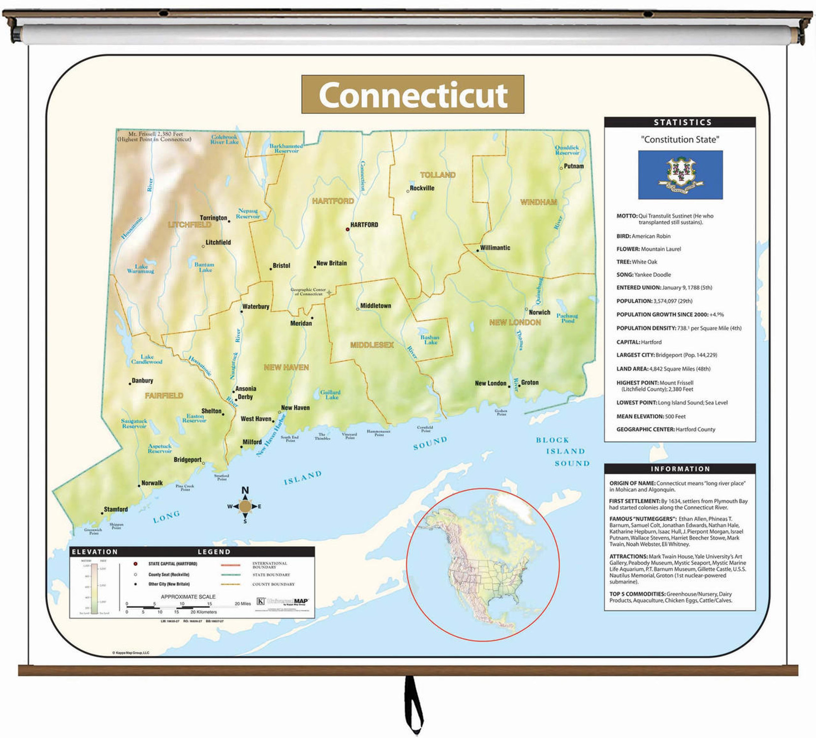 Connecticut Large Shaded Relief Map on Spring Roller from Kappa Maps, image 1, World Maps Online