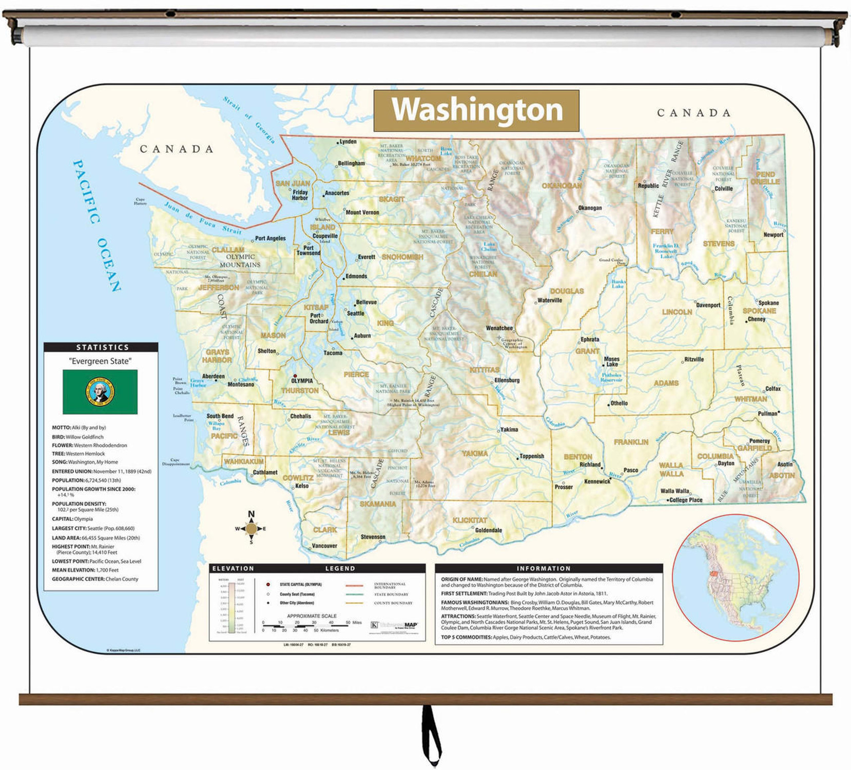 Washington State Large Shaded Relief Map on Spring Roller from Kappa Maps, image 1, World Maps Online