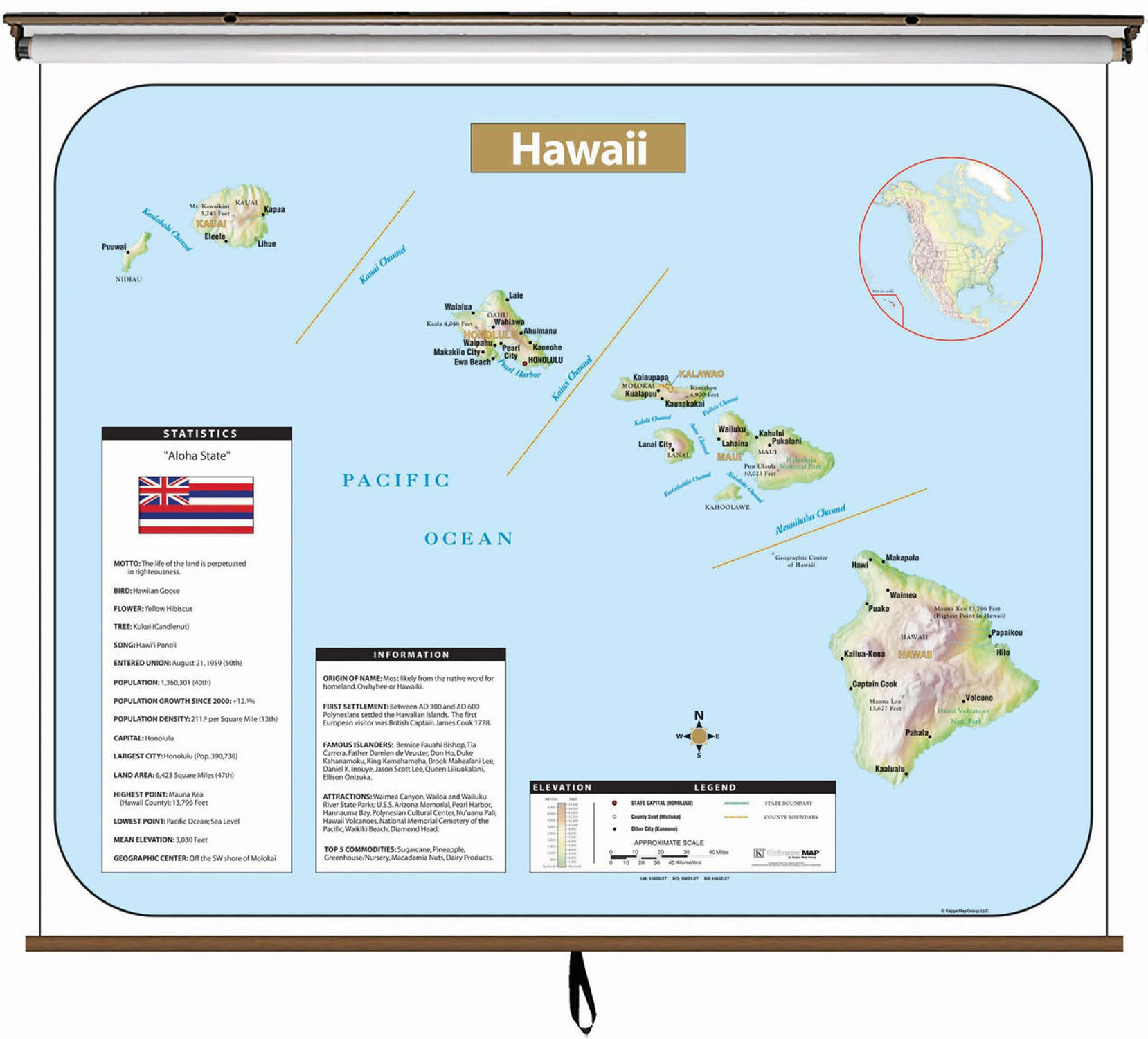 Hawaii Large Shaded Relief Map on Spring Roller from Kappa Maps, image 1, World Maps Online