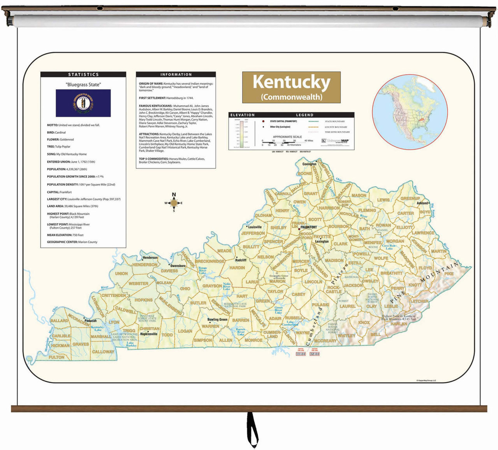 Kentucky Large Shaded Relief Map on Spring Roller from Kappa Maps, image 1, World Maps Online