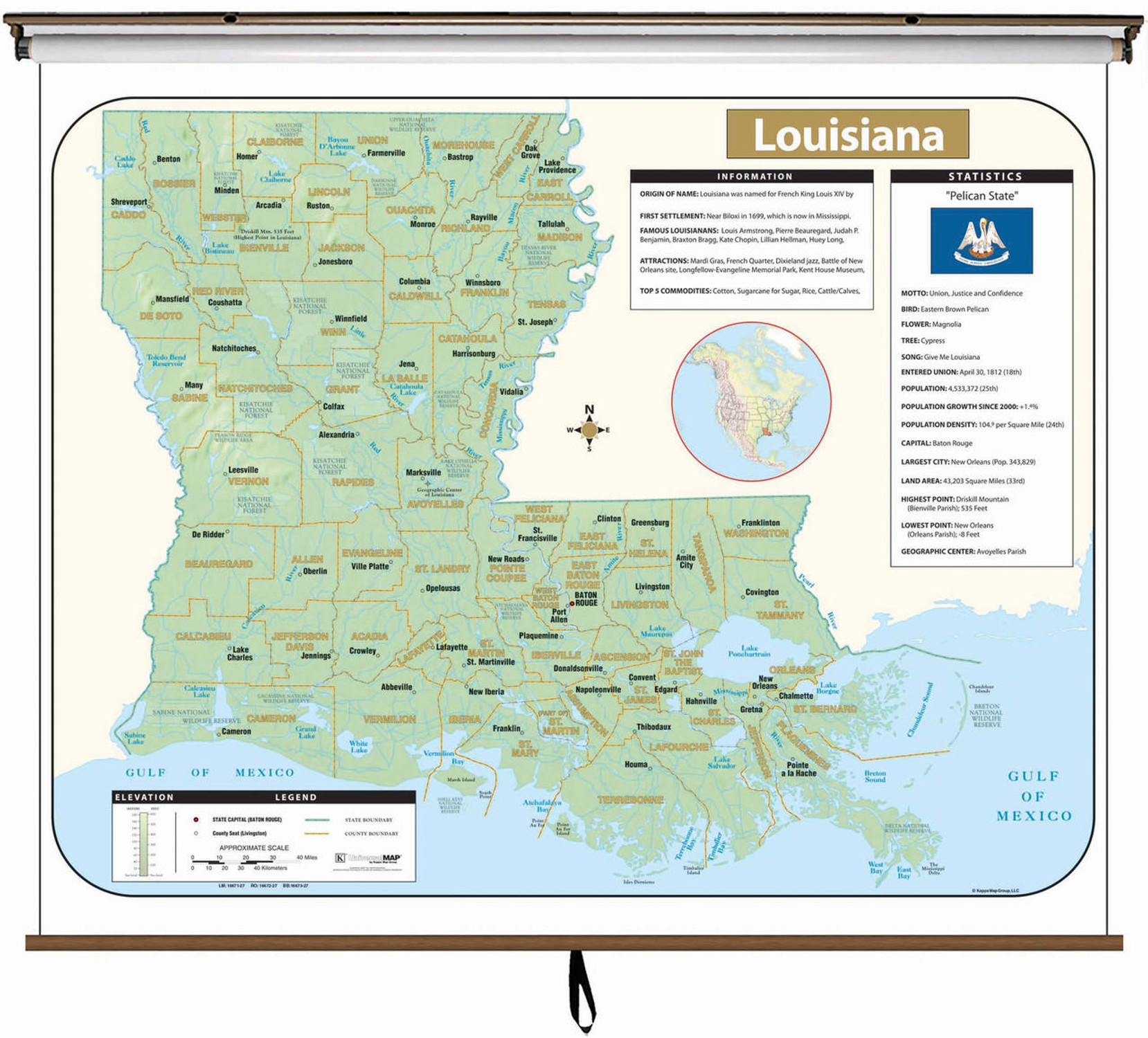 Louisiana Large Shaded Relief Map on Spring Roller from Kappa Maps, image 1, World Maps Online