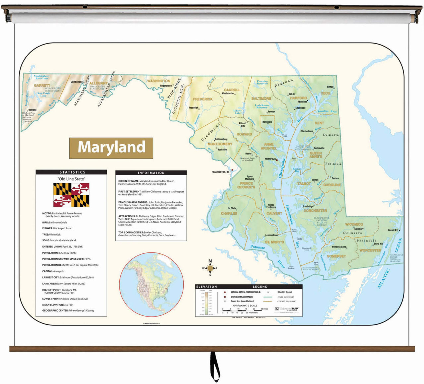 Maryland Large Shaded Relief Map on Spring Roller from Kappa Maps, image 1, World Maps Online