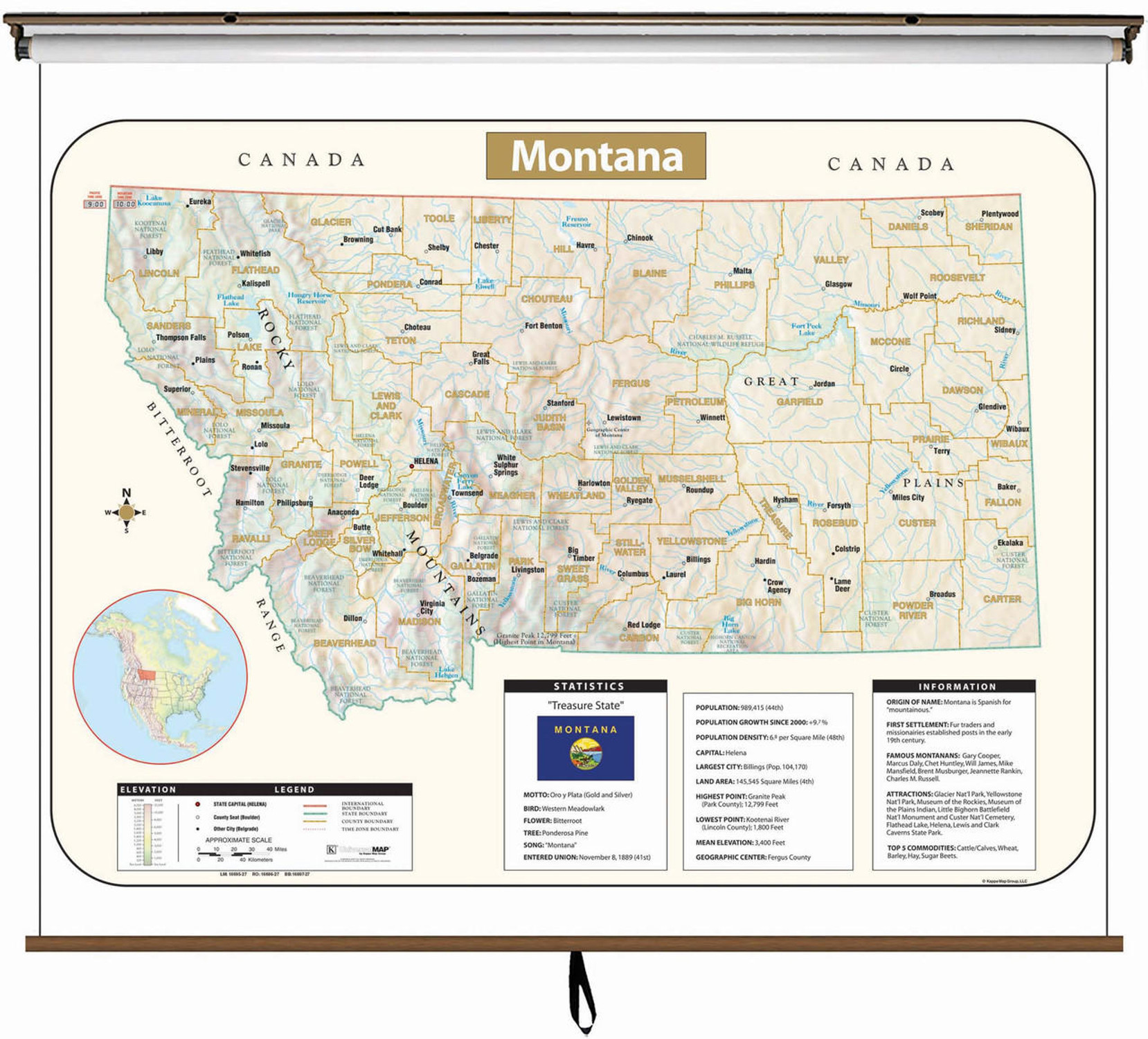 Montana Large Shaded Relief Map on Spring Roller from Kappa Maps, image 1, World Maps Online