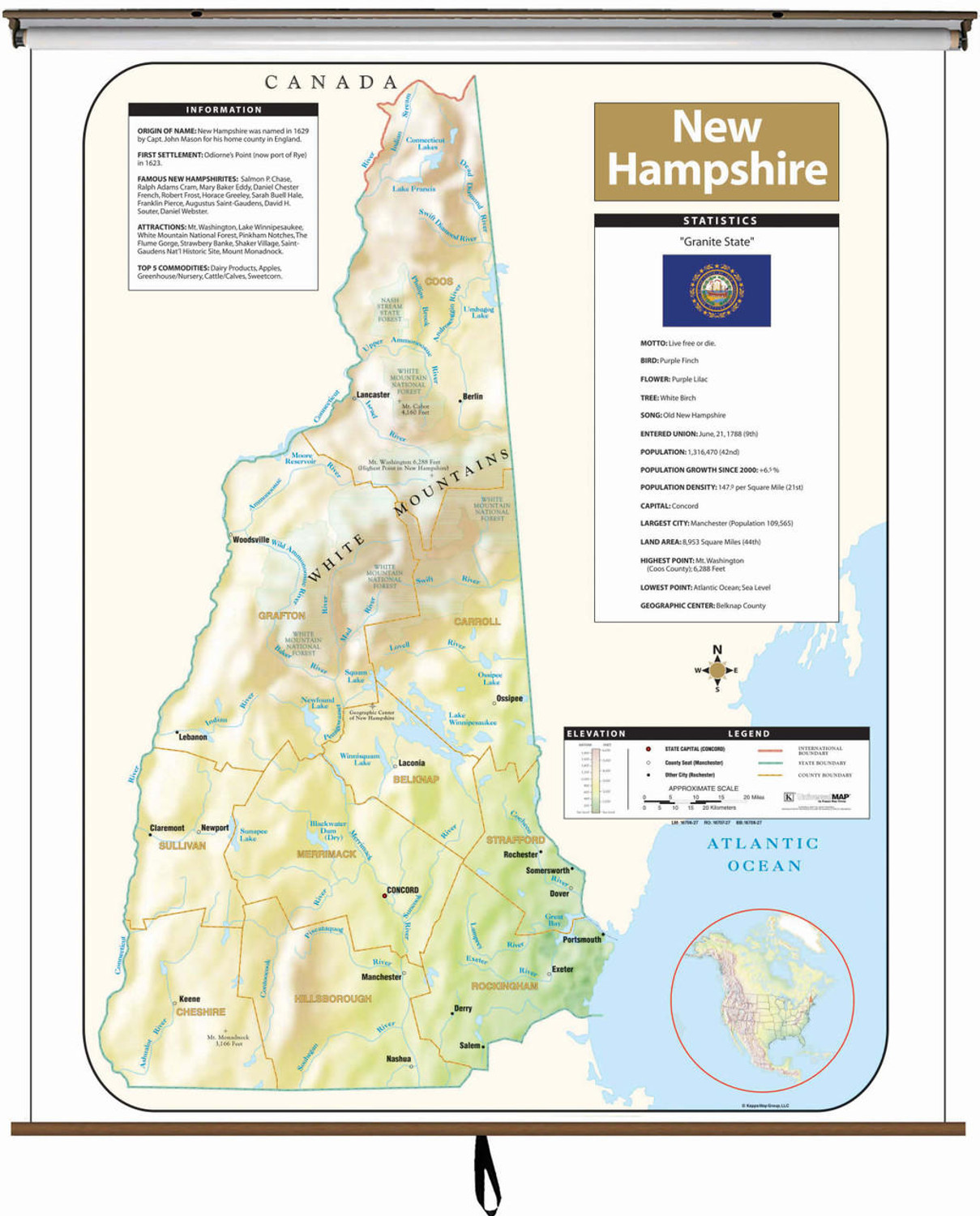New Hampshire Large Shaded Relief Map on Spring Roller from Kappa Maps, image 1, World Maps Online