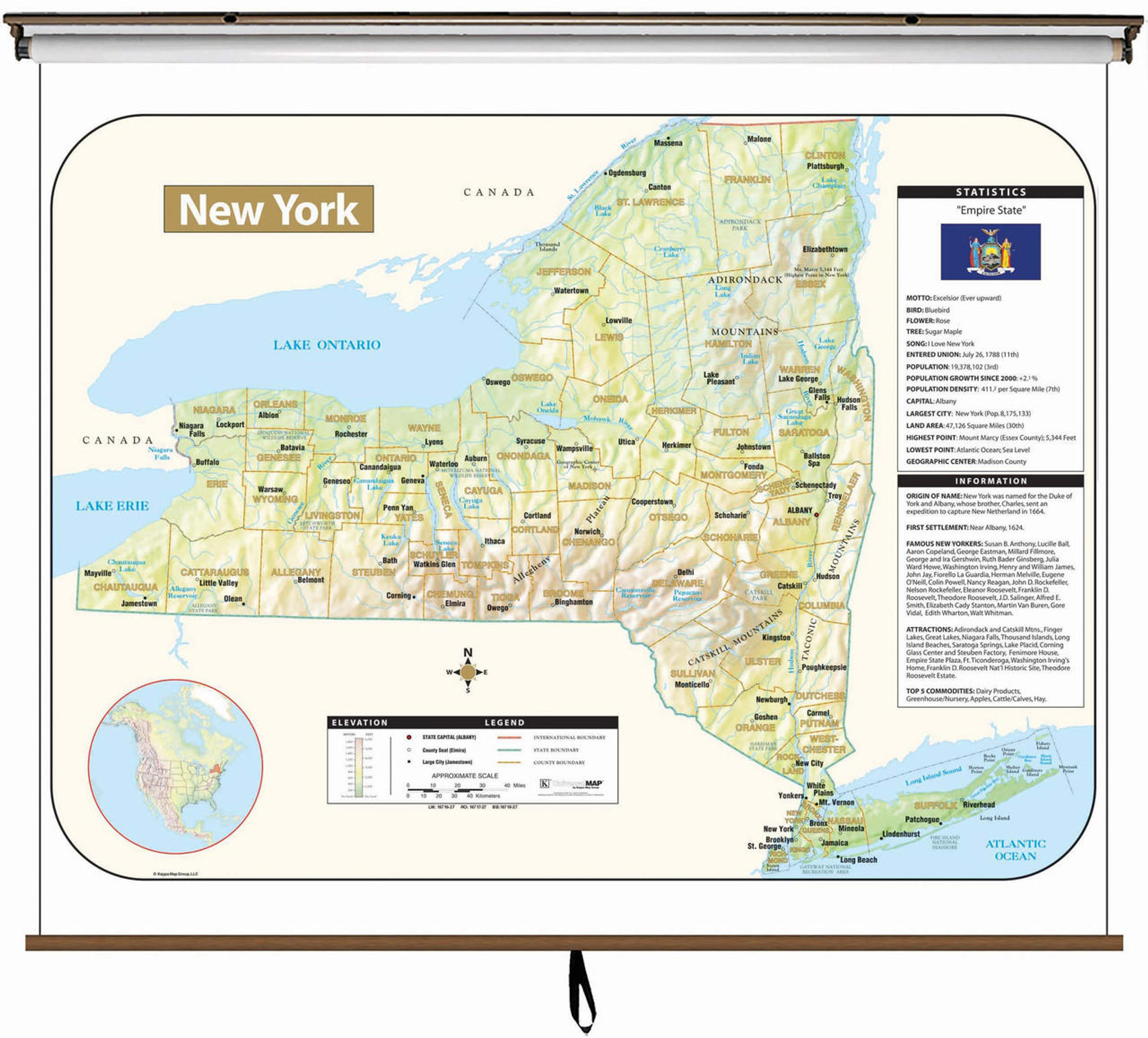 New York Large Shaded Relief Map on Spring Roller from Kappa Maps, image 1, World Maps Online