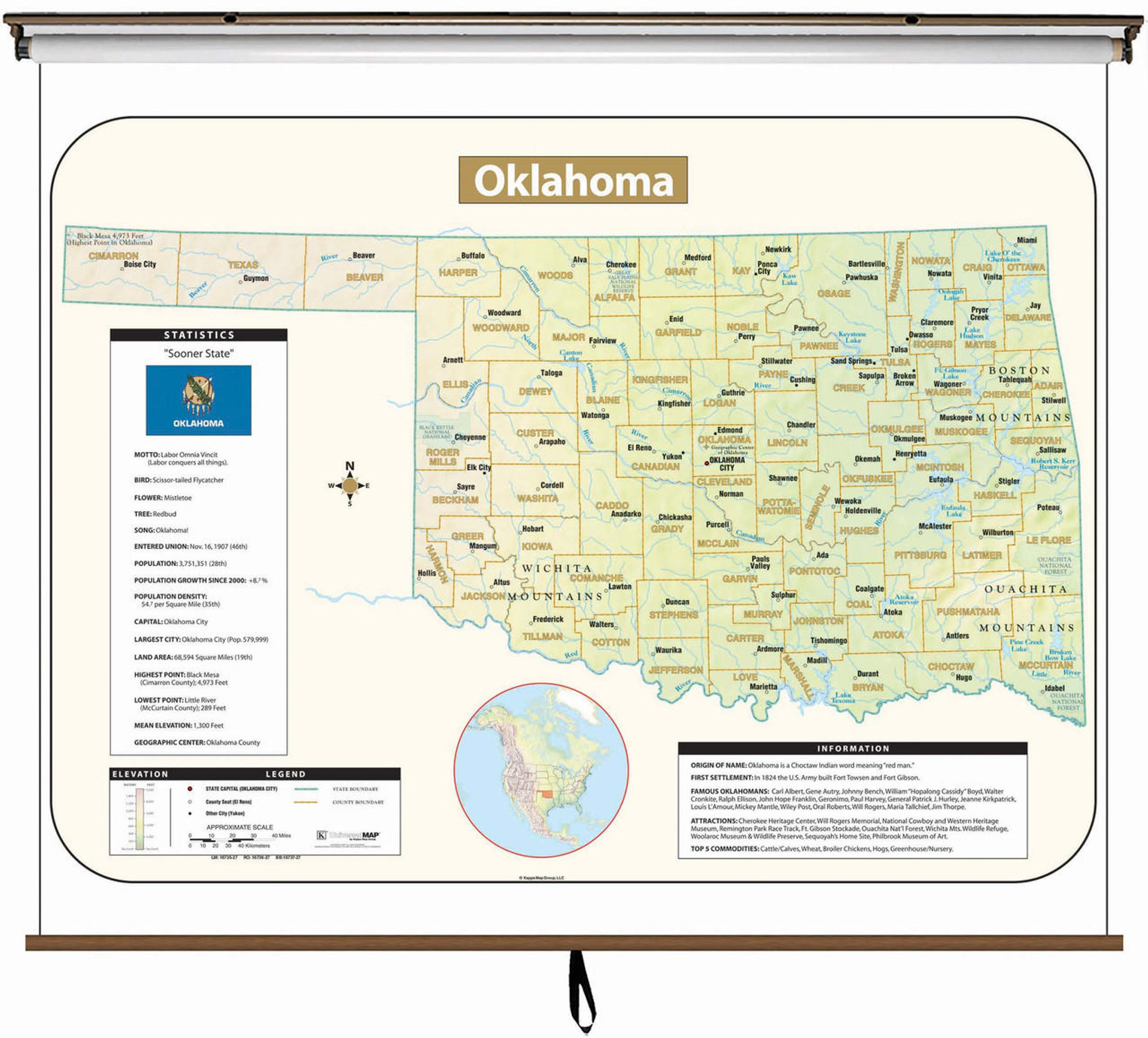 Oklahoma Large Shaded Relief Map on Spring Roller from Kappa Maps, image 1, World Maps Online