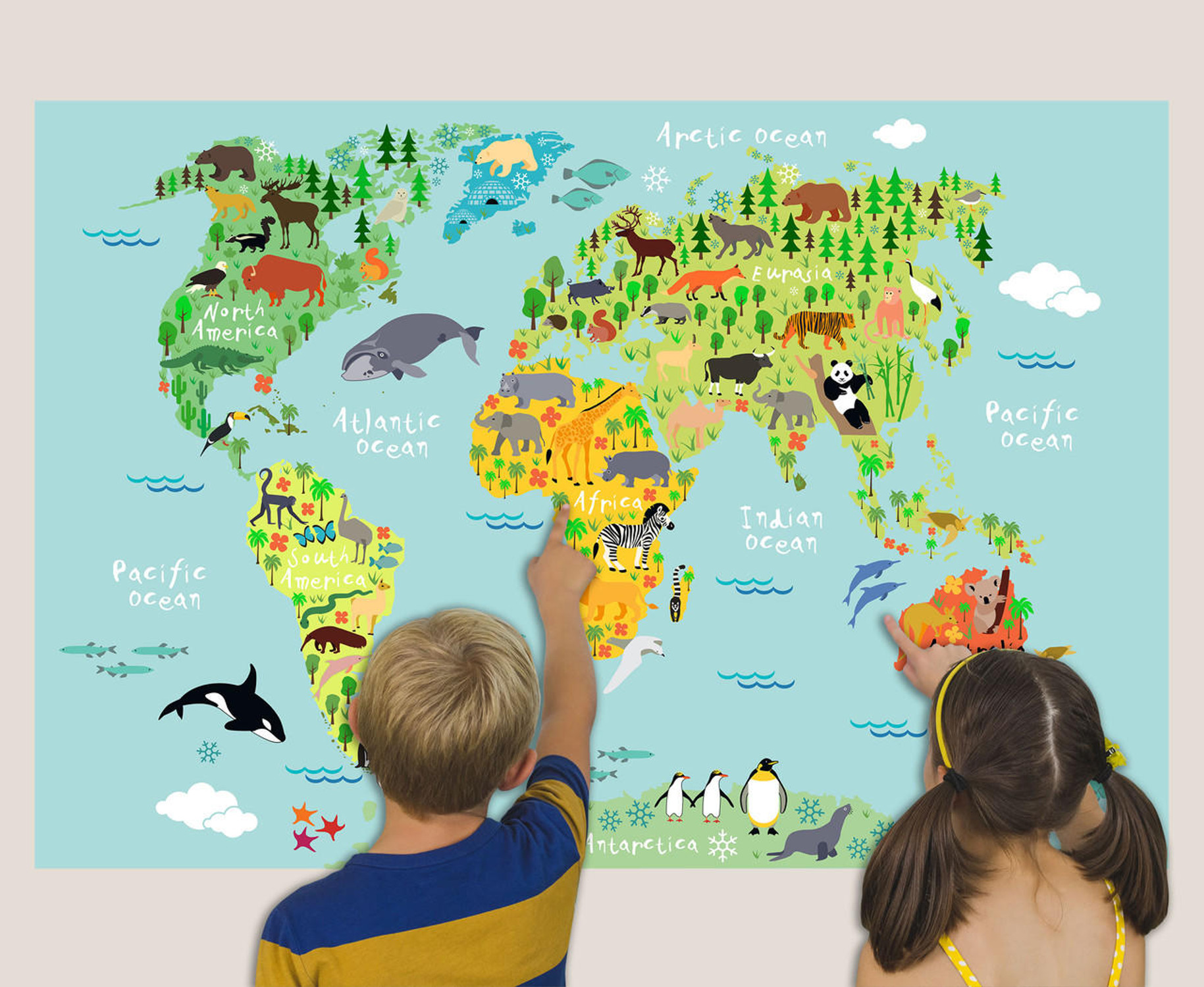 Kids Illustrated Animals of the World Map Mural - Colorful Continents, image 1, World Maps Online