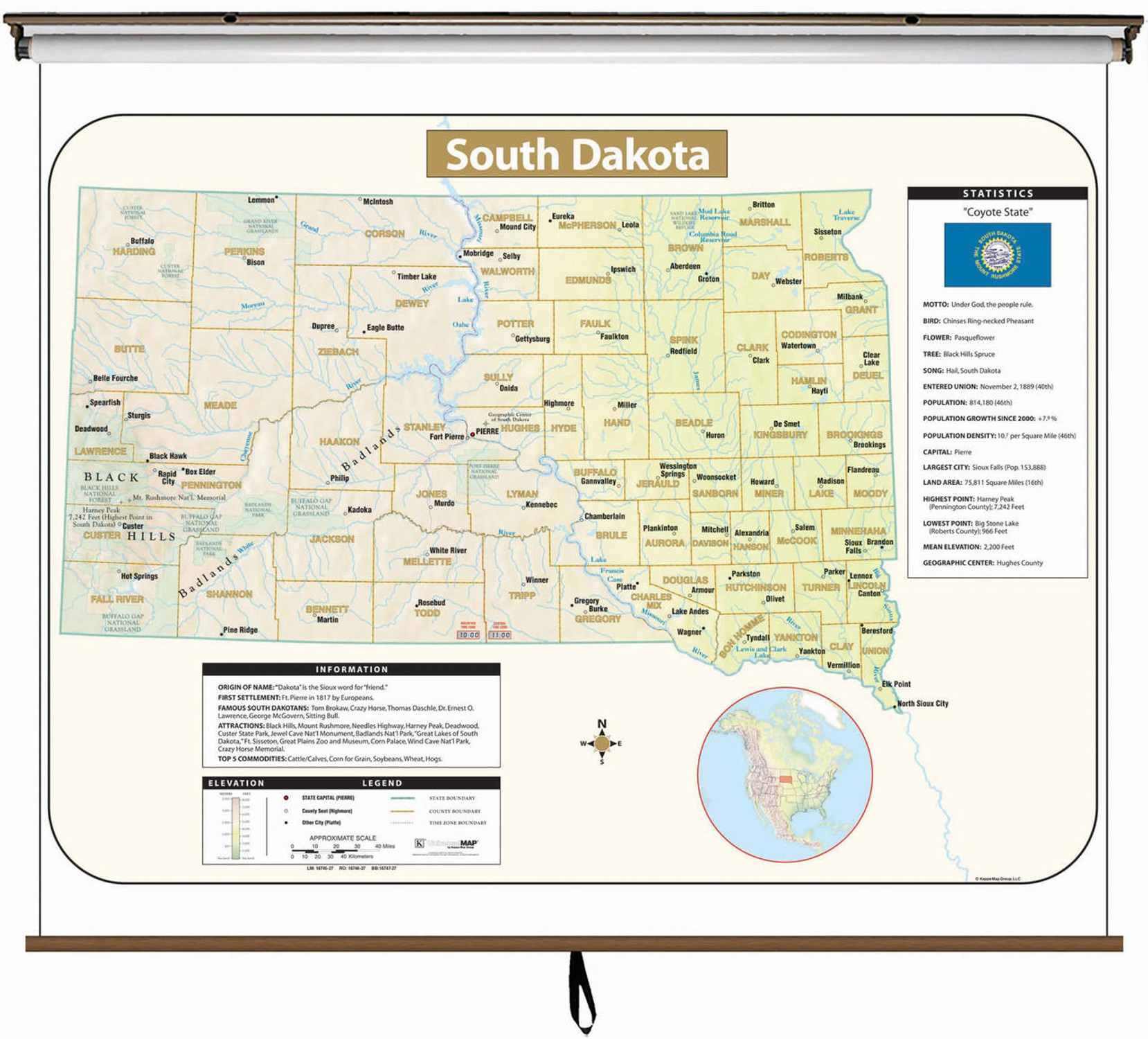 South Dakota Large Shaded Relief Map on Spring Roller from Kappa Maps, image 1, World Maps Online