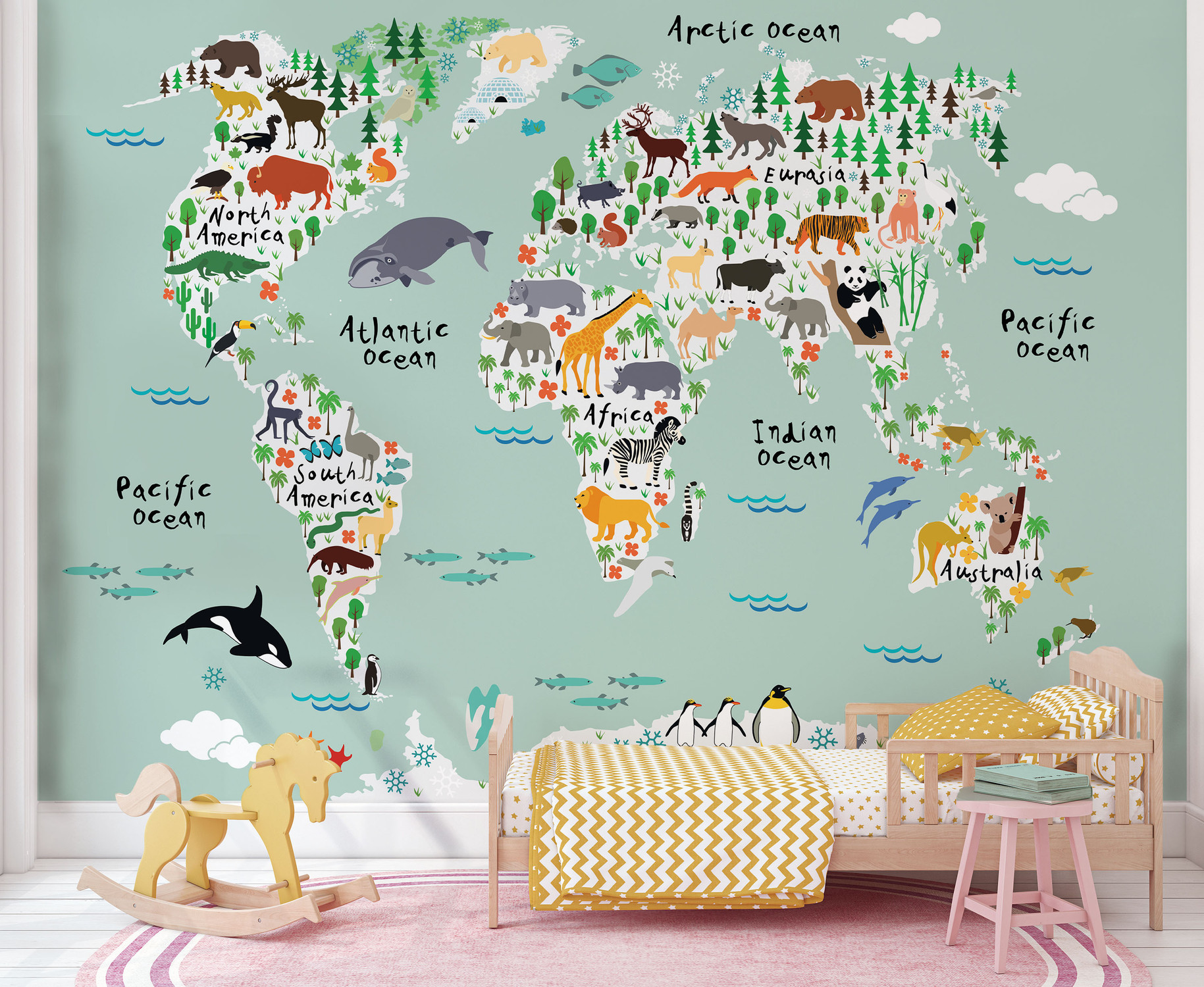 Kids Illustrated Animals of the World Map Mural - Seafoam Green Oceans in Room