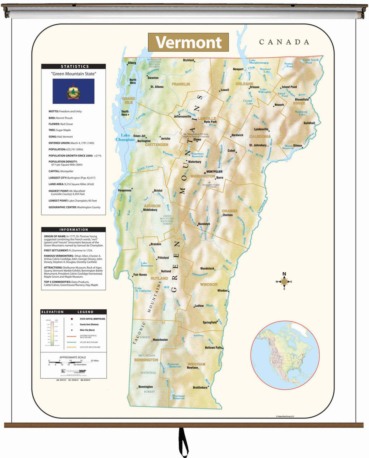 Vermont Large Shaded Relief Map on Spring Roller from Kappa Maps, image 1, World Maps Online