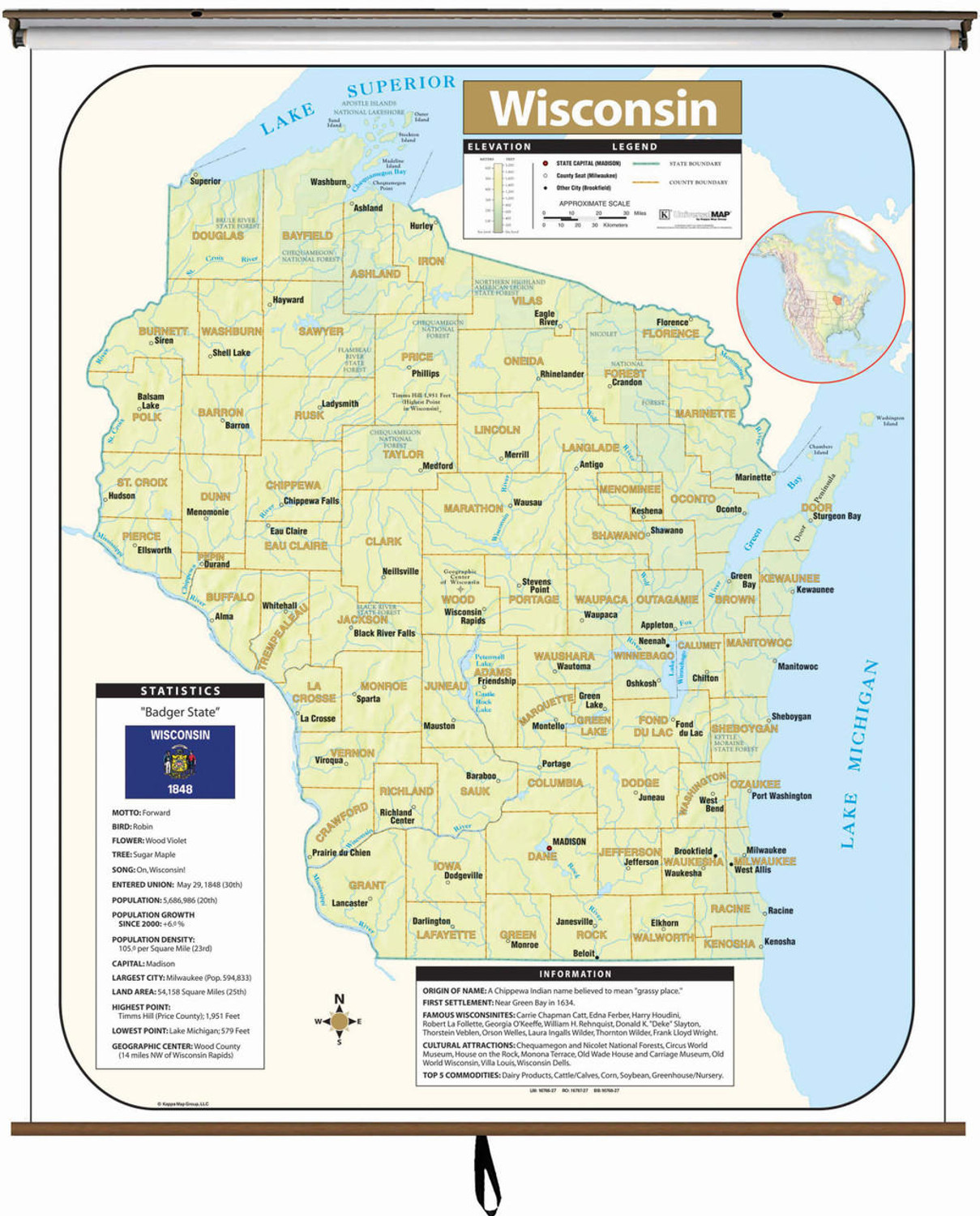 Wisconsin Large Shaded Relief Map on Spring Roller from Kappa Maps, image 1, World Maps Online