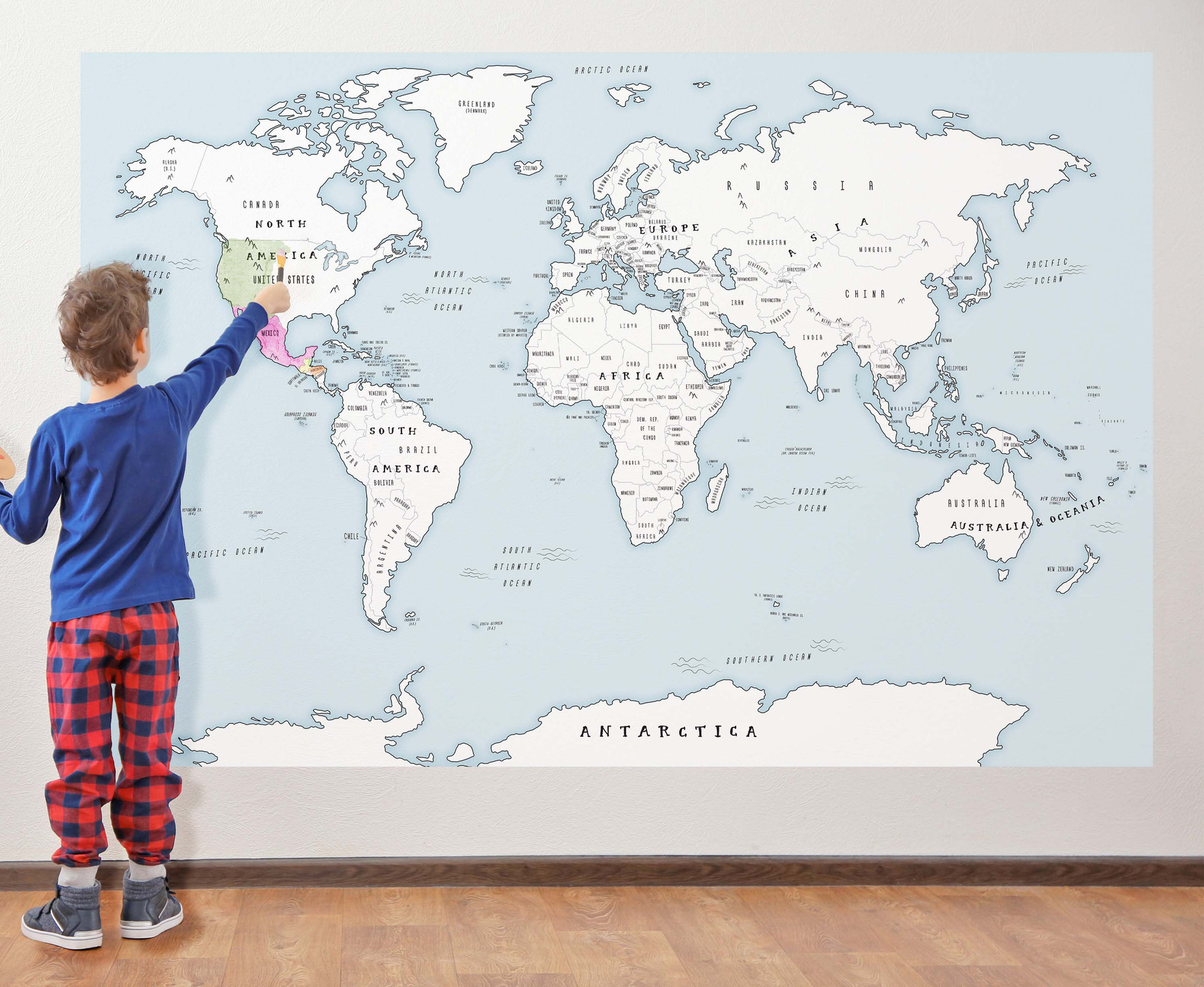 World Coloring Map for Kids - Blue Oceans Wall Decal Doodle Map