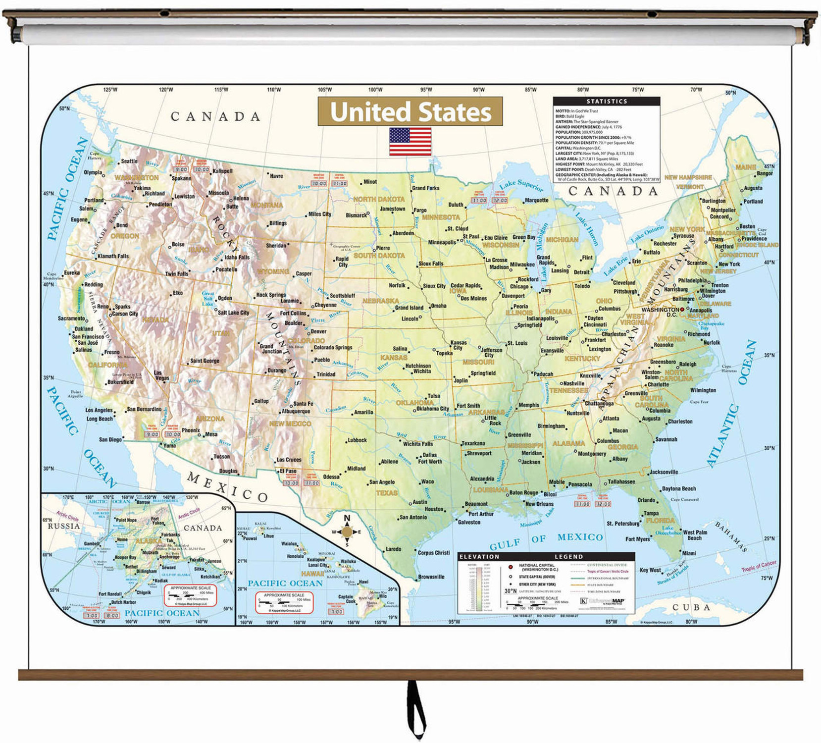 U.S. Large Shaded Relief Spring Roller Map, image 1, World Maps Online