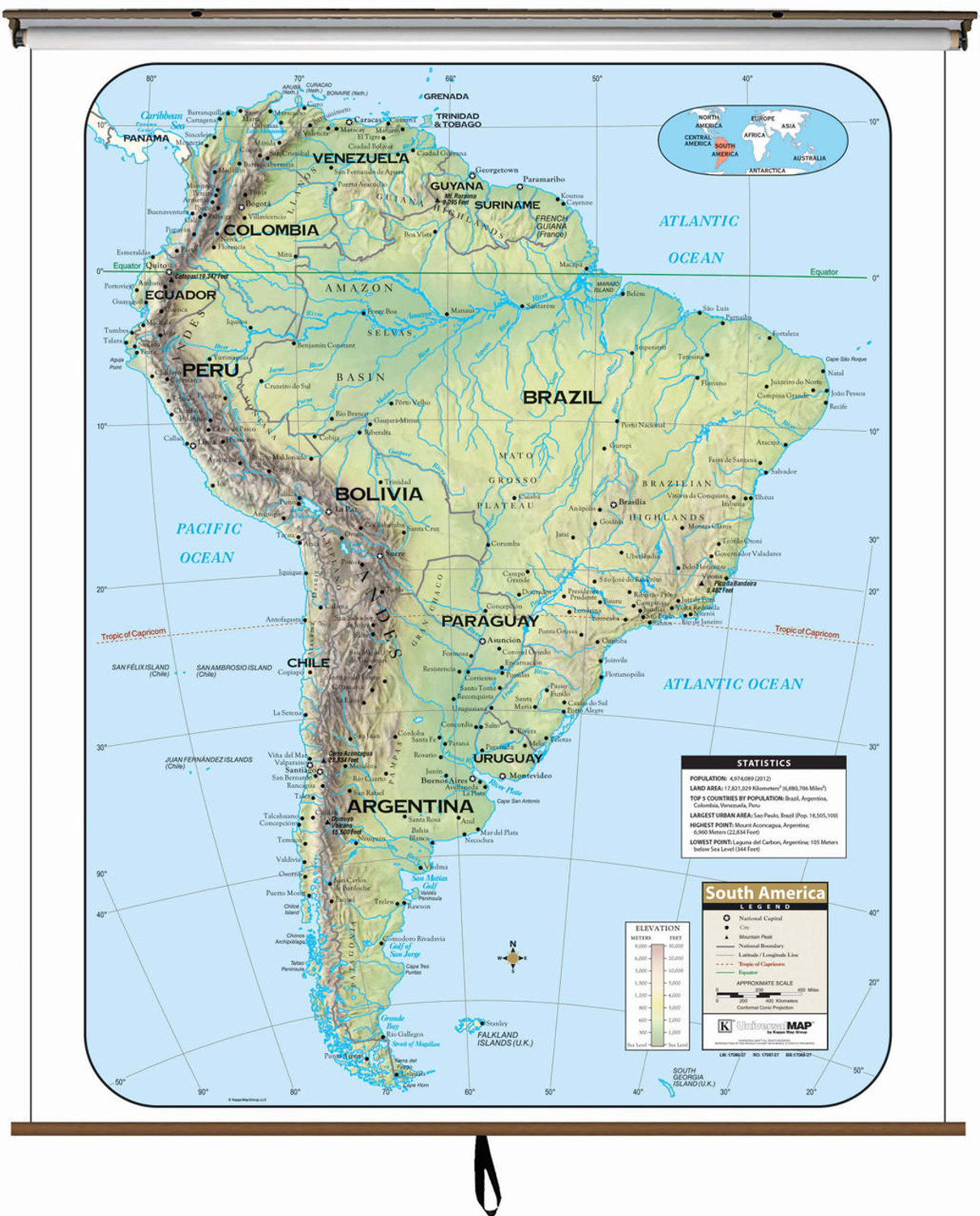 South America Large Shaded Relief Map on Spring Roller from Kappa Maps, image 1, World Maps Online