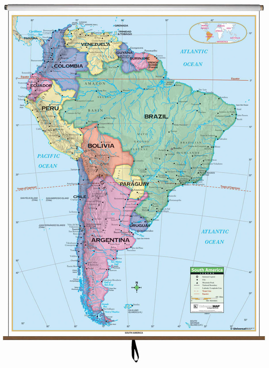 Primary South America Map on Spring Roller from Kappa Maps, image 1, World Maps Online