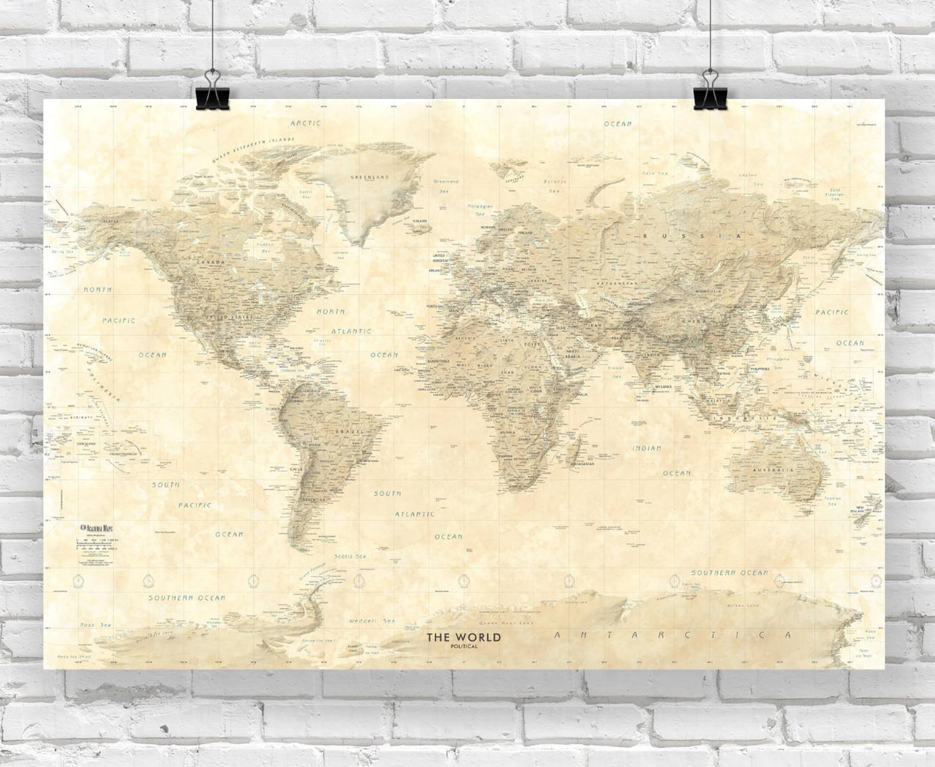 Sepia Tones World Political Map Wall Map, image 1, World Maps Online