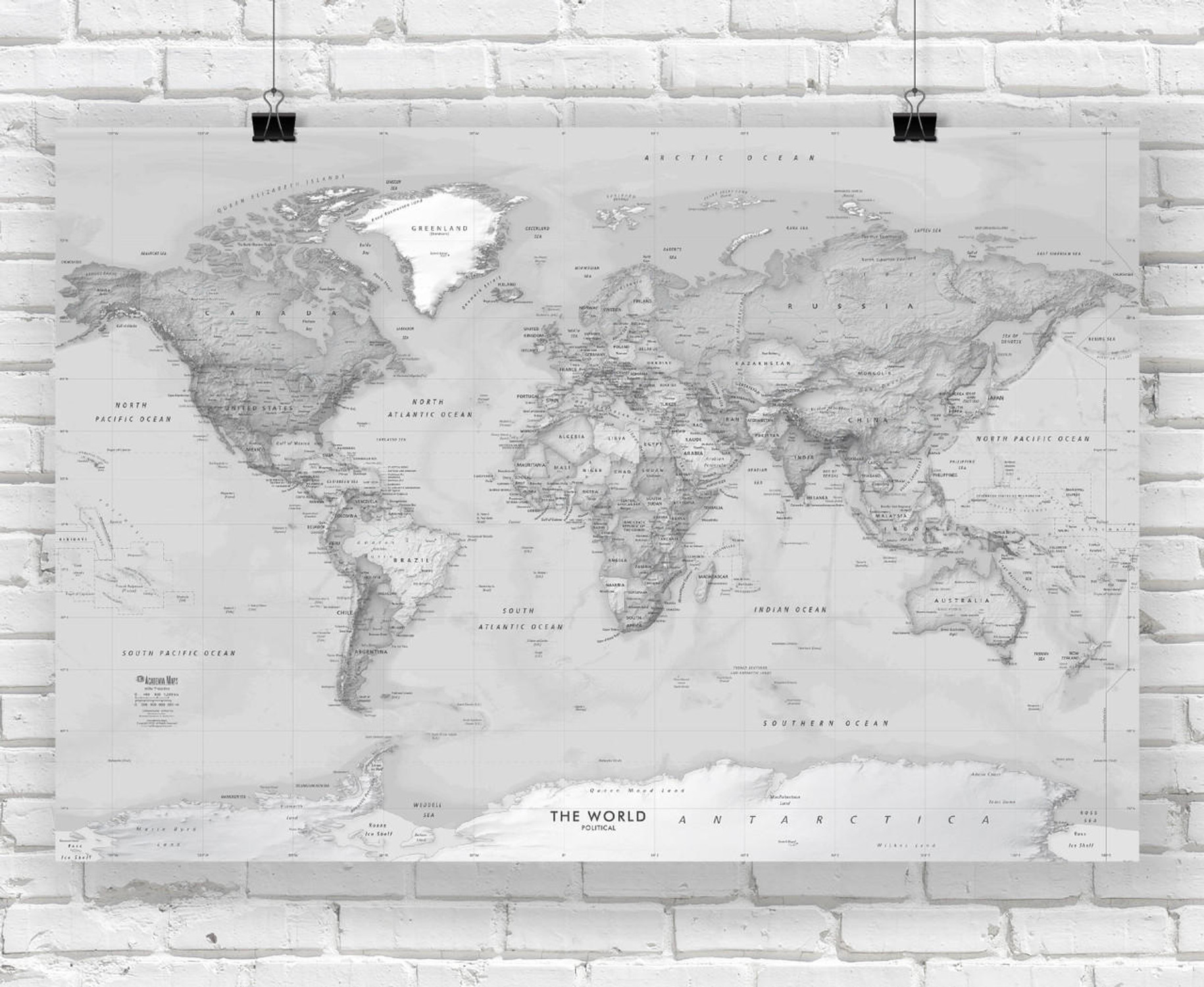 Grayscale World Political Wall Map - Simple Labeling, image 1, World Maps Online