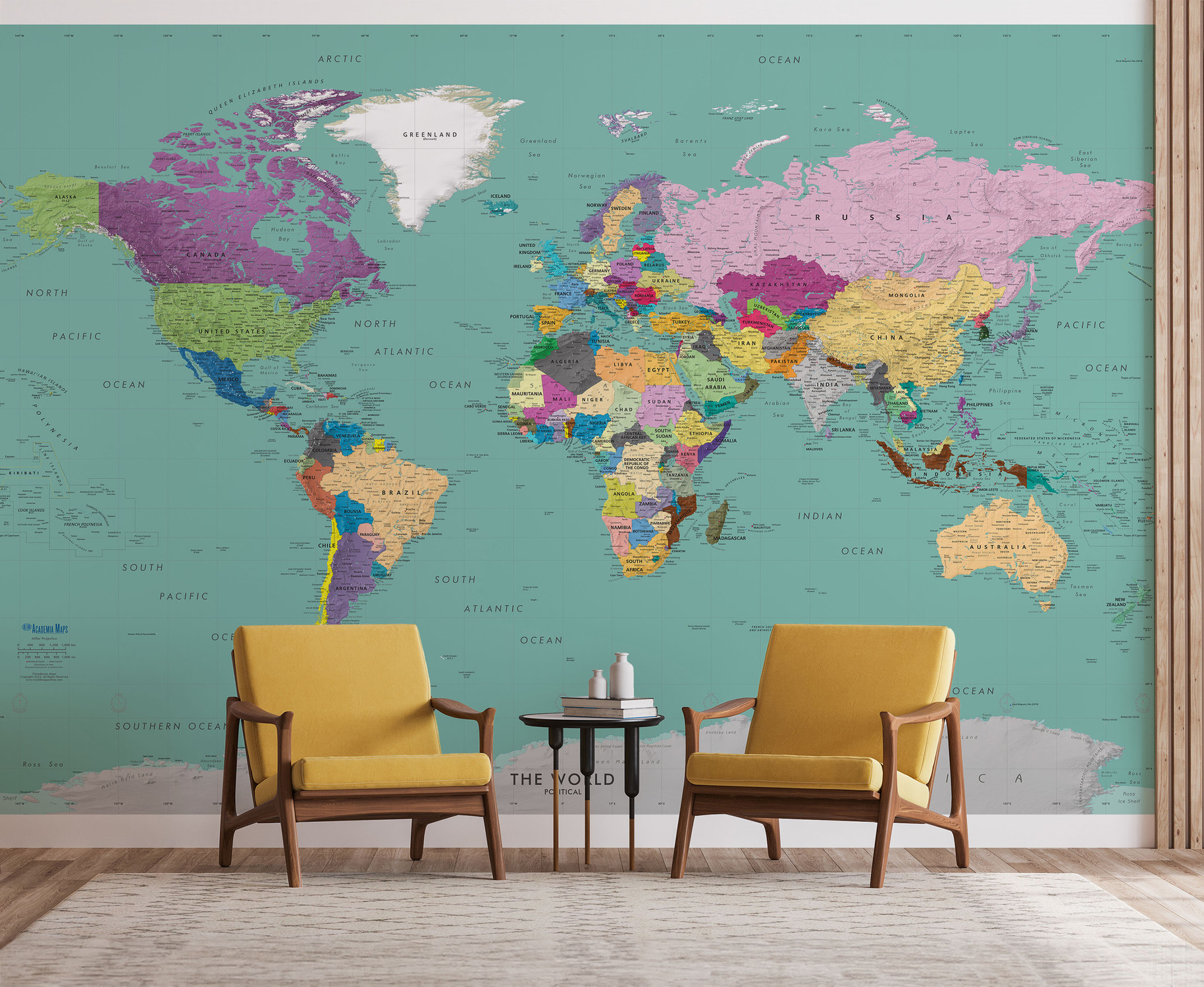 Teal Ocean Colorful World Political Map Wall Mural - Detailed - Removable Wallpaper in Room