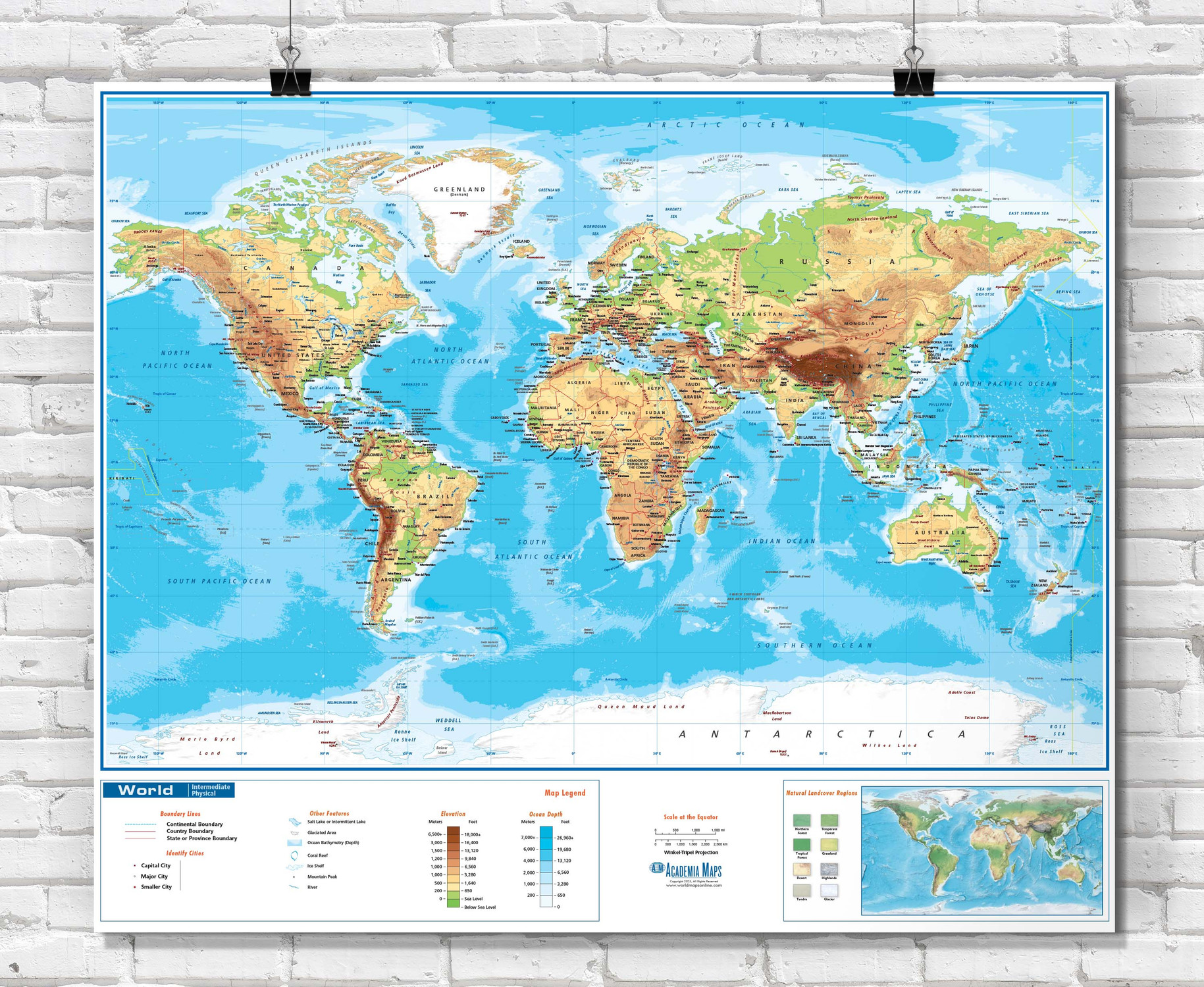 World Intermediate Physical Classroom Wall Map, World Maps Online