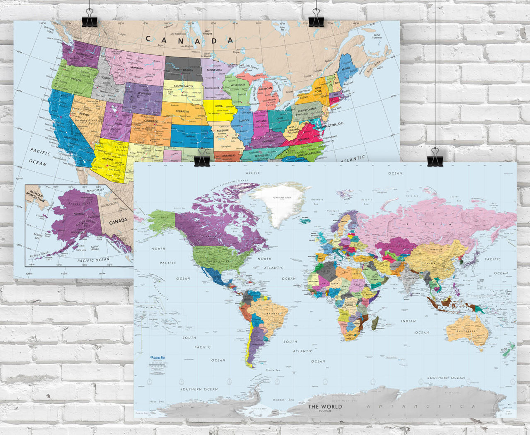 Colorful US & World Political Wall Map Set, image 1, World Maps Online