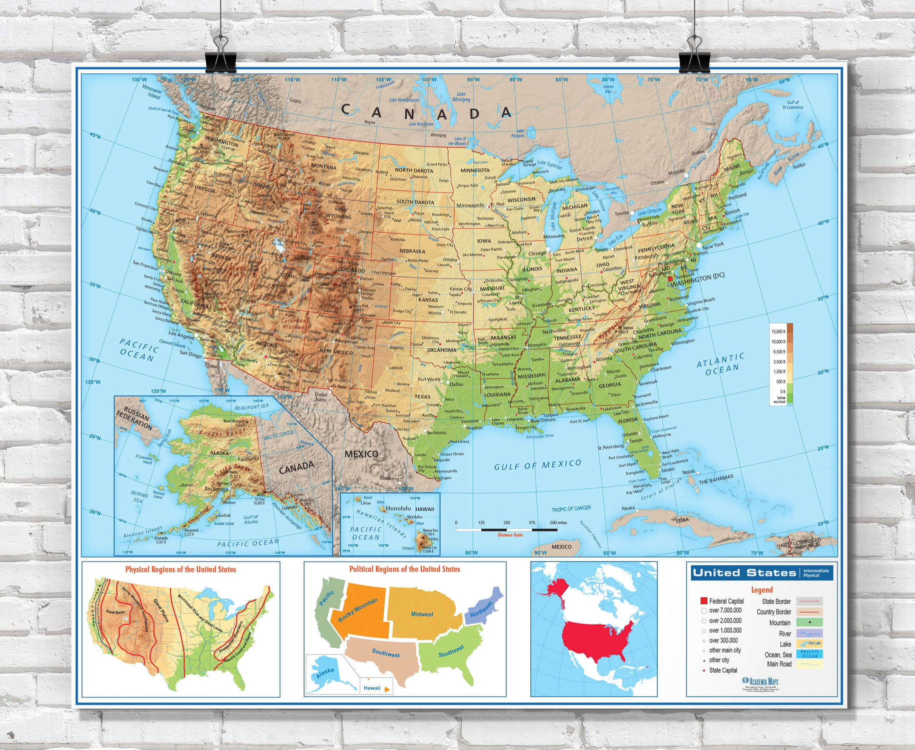 U.S. Intermediate Physical Classroom Wall Map